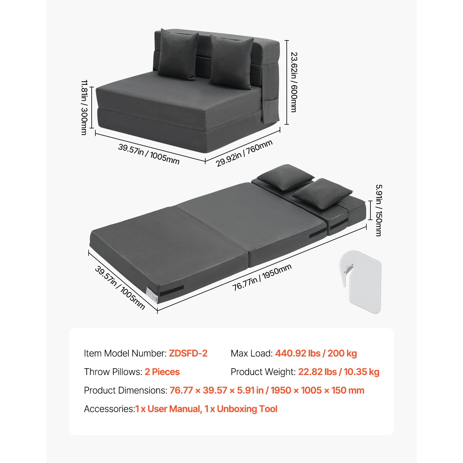 VEVOR 3-in-1 Folding Sofa Bed, Foldable Couch Bed with 2 Pillows and Washable Cover, 25D High Density Memory Foam Convertible Sleeper Chair Bed,