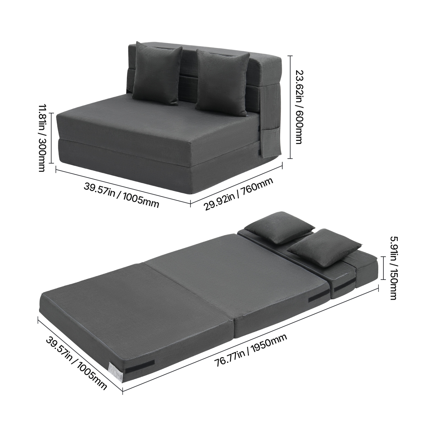 VEVOR 3-in-1 Folding Sofa Bed, Foldable Couch Bed with 2 Pillows and Washable Cover, 25D High Density Memory Foam Convertible Sleeper Chair Bed,