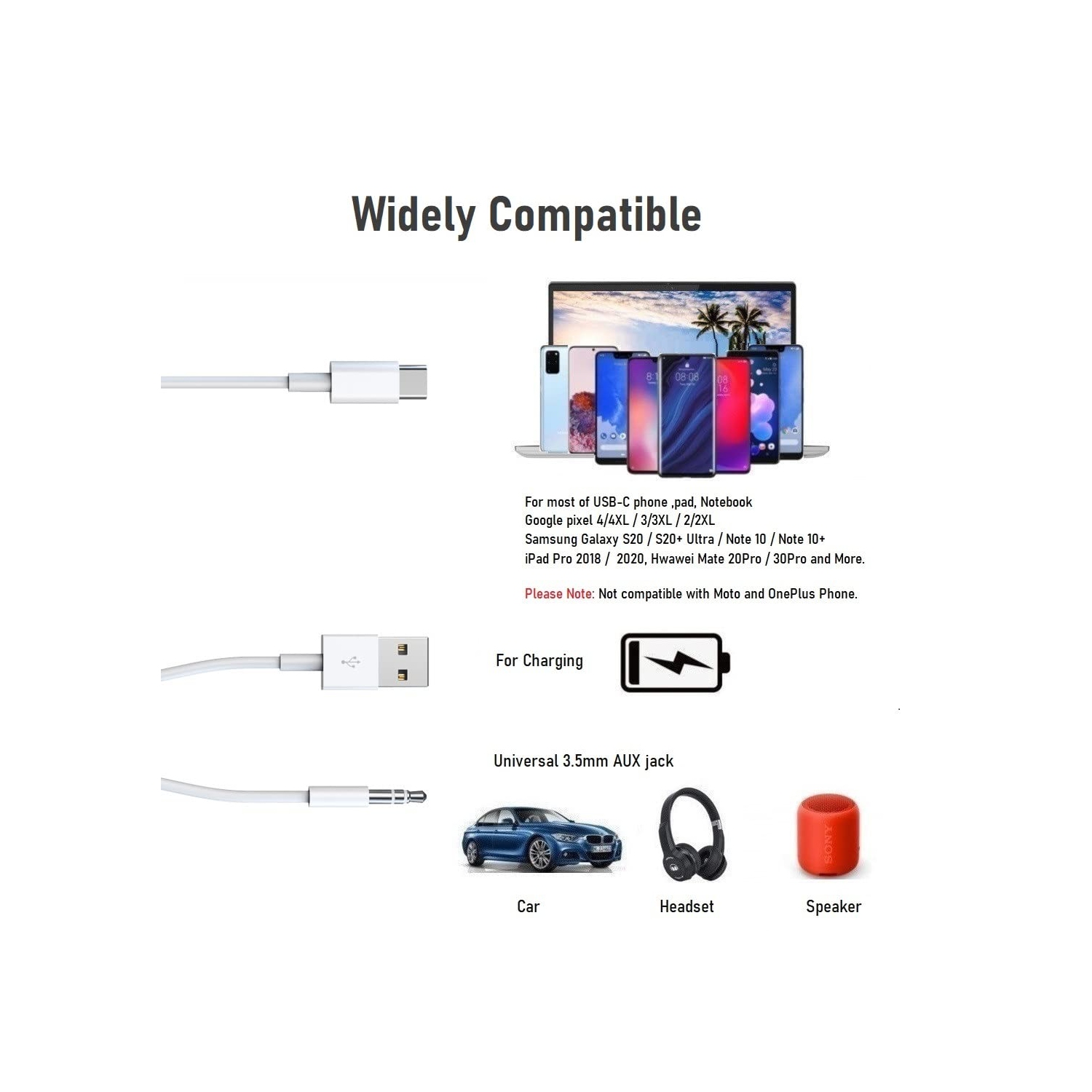 Type C to 3.5 two-in-one charging + audio cable car audio AUX adapter cable, compatible with Type C mobile phones/tablets, can be used with car