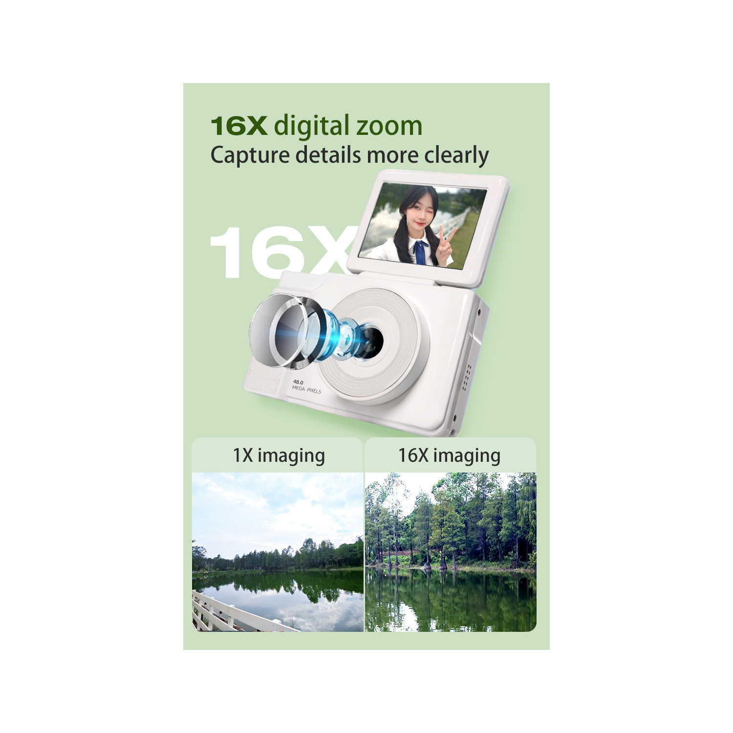 6400W HD flip screen camera digital camera card camera shooting camera student entry-level CCD camera green + 32G memory card + card reader +