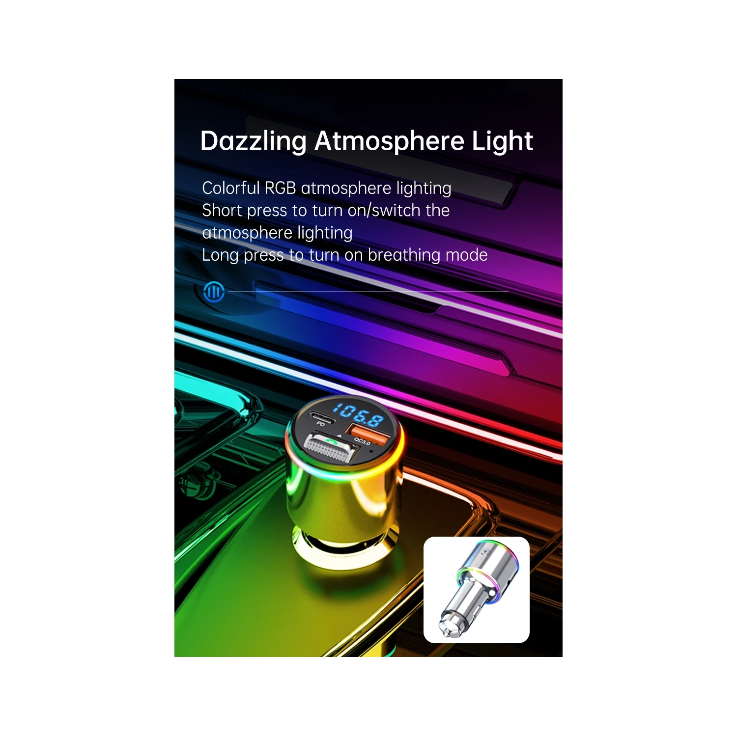 Car Bluetooth MP3 Player Car FM Transmitter Fast Charging Phone Zinc Alloy Shell Car Charger PD QC3.0 FM Transmitter with Dazzling Atmosphere Light