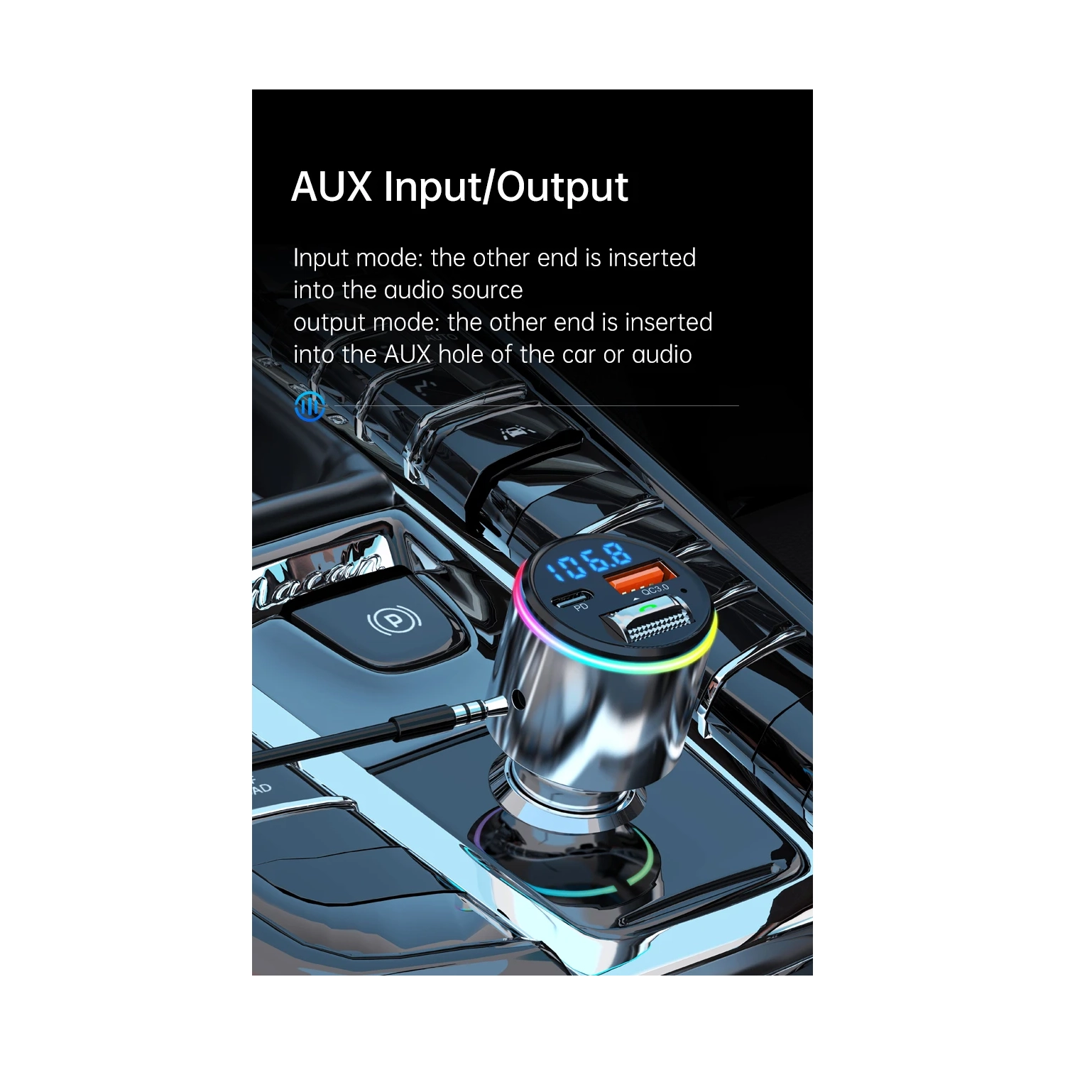 Car Bluetooth MP3 Player Car FM Transmitter Fast Charging Phone Zinc Alloy Shell Car Charger PD QC3.0 FM Transmitter with Dazzling Atmosphere Light