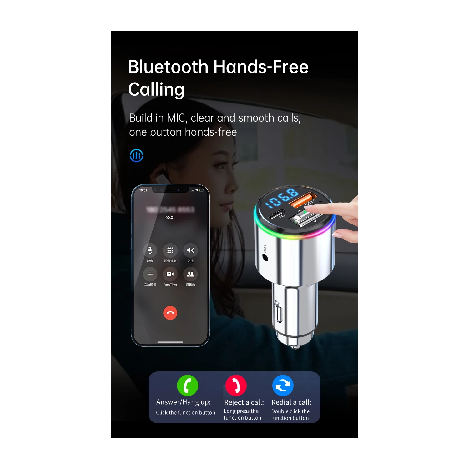 Car Bluetooth MP3 Player Car FM Transmitter Fast Charging Phone Zinc Alloy Shell Car Charger PD QC3.0 FM Transmitter with Dazzling Atmosphere Light