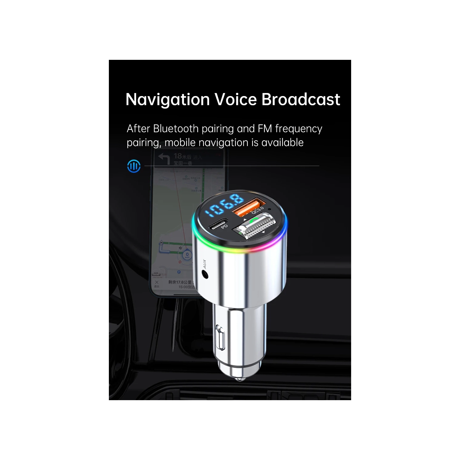 Car Bluetooth MP3 Player Car FM Transmitter Fast Charging Phone Zinc Alloy Shell Car Charger PD QC3.0 FM Transmitter with Dazzling Atmosphere Light