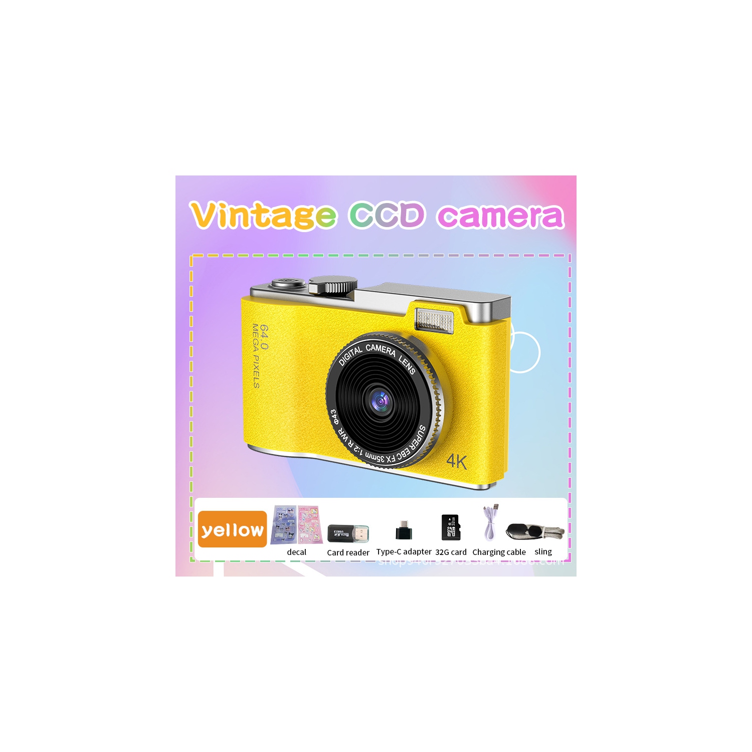 New CCD style retro 4K HD portable camera student digital camera gift new camera selfie dual lens camera photography portable - yellow + 32G memory