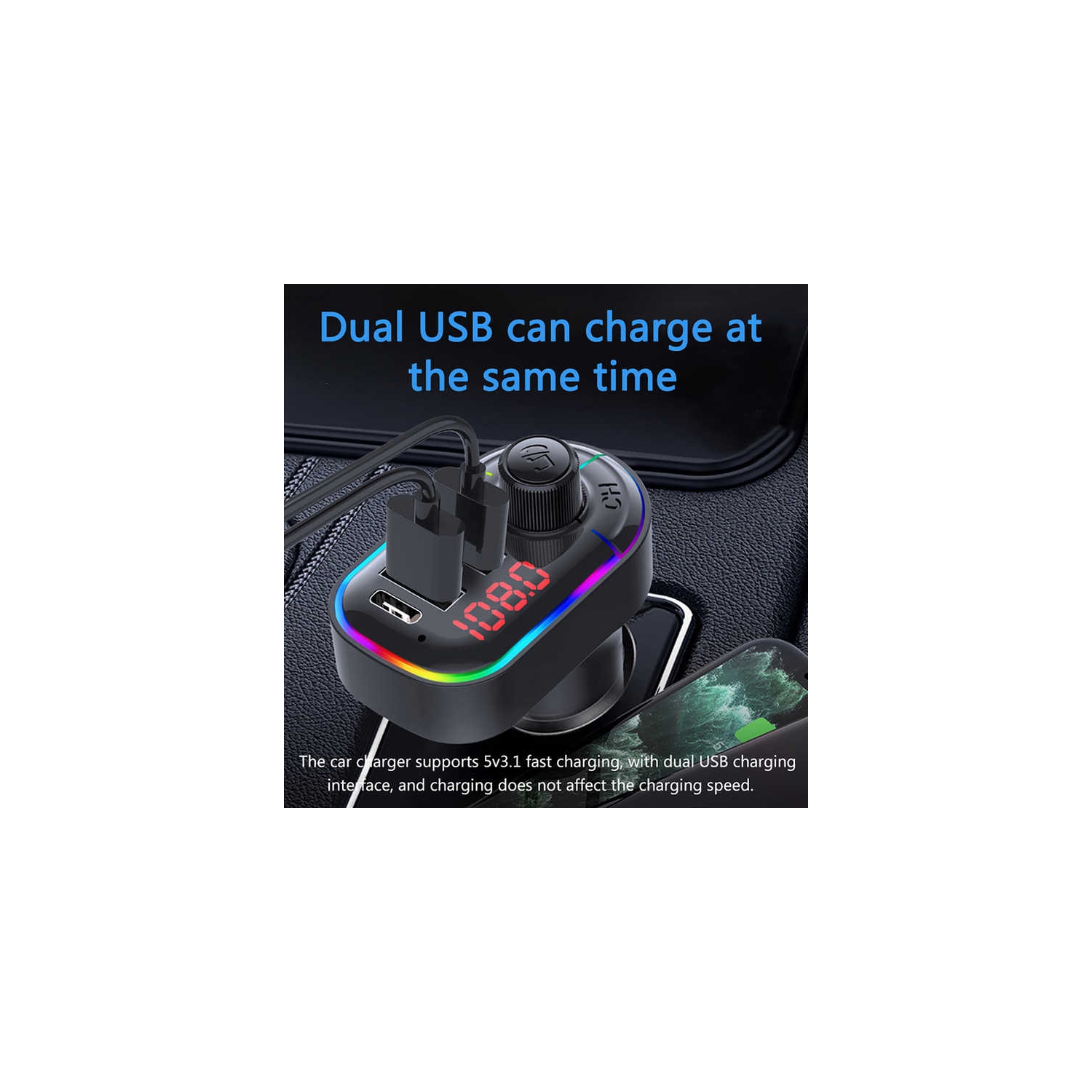 Atmosphere Light Car Bluetooth 5.0 Player Car Charger Car Bluetooth Receiver FM Transmitter Audio MP3 Player