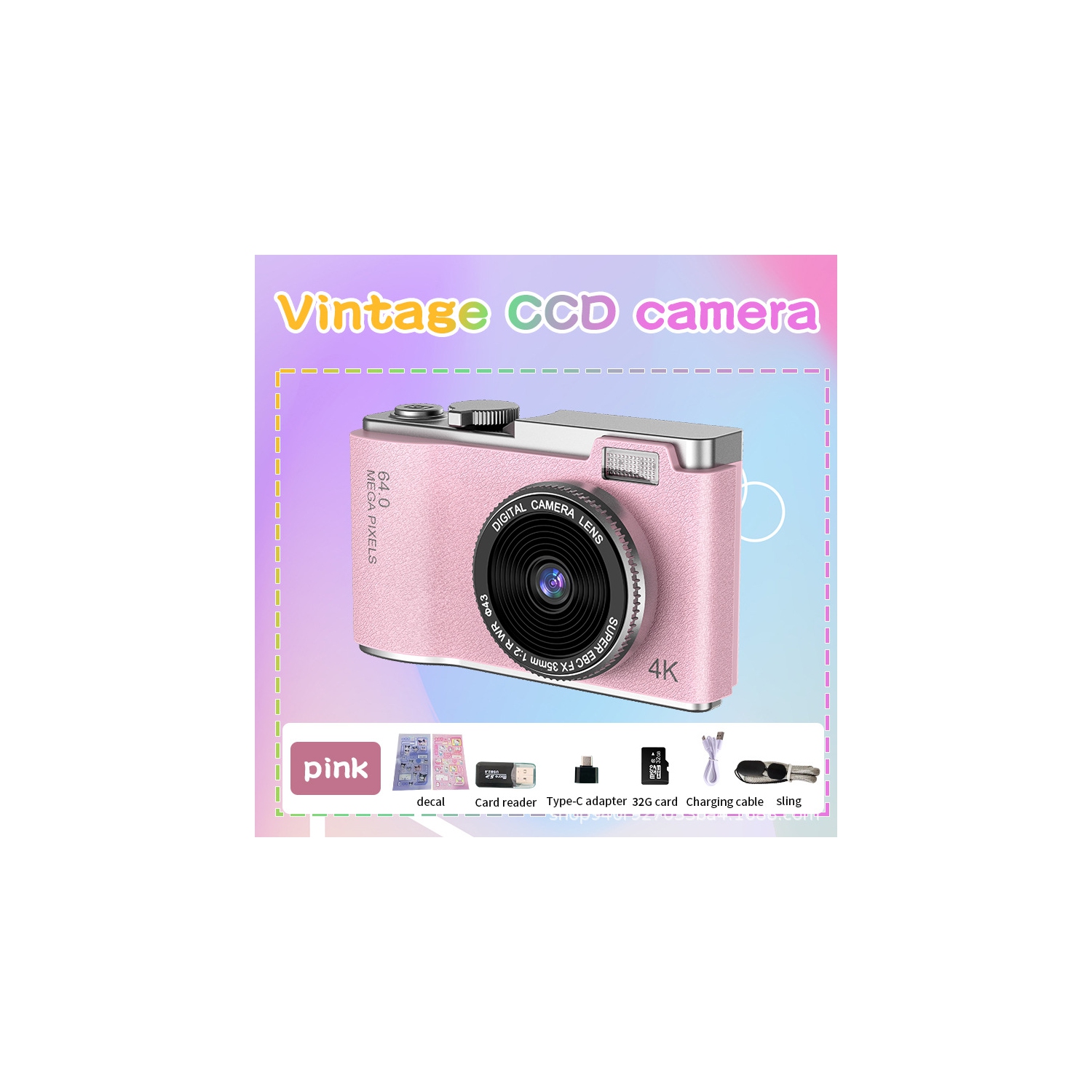 New CCD style retro 4K HD portable camera student digital camera gift new camera Selfie dual-lens camera photography portable-pink + 32G memory card