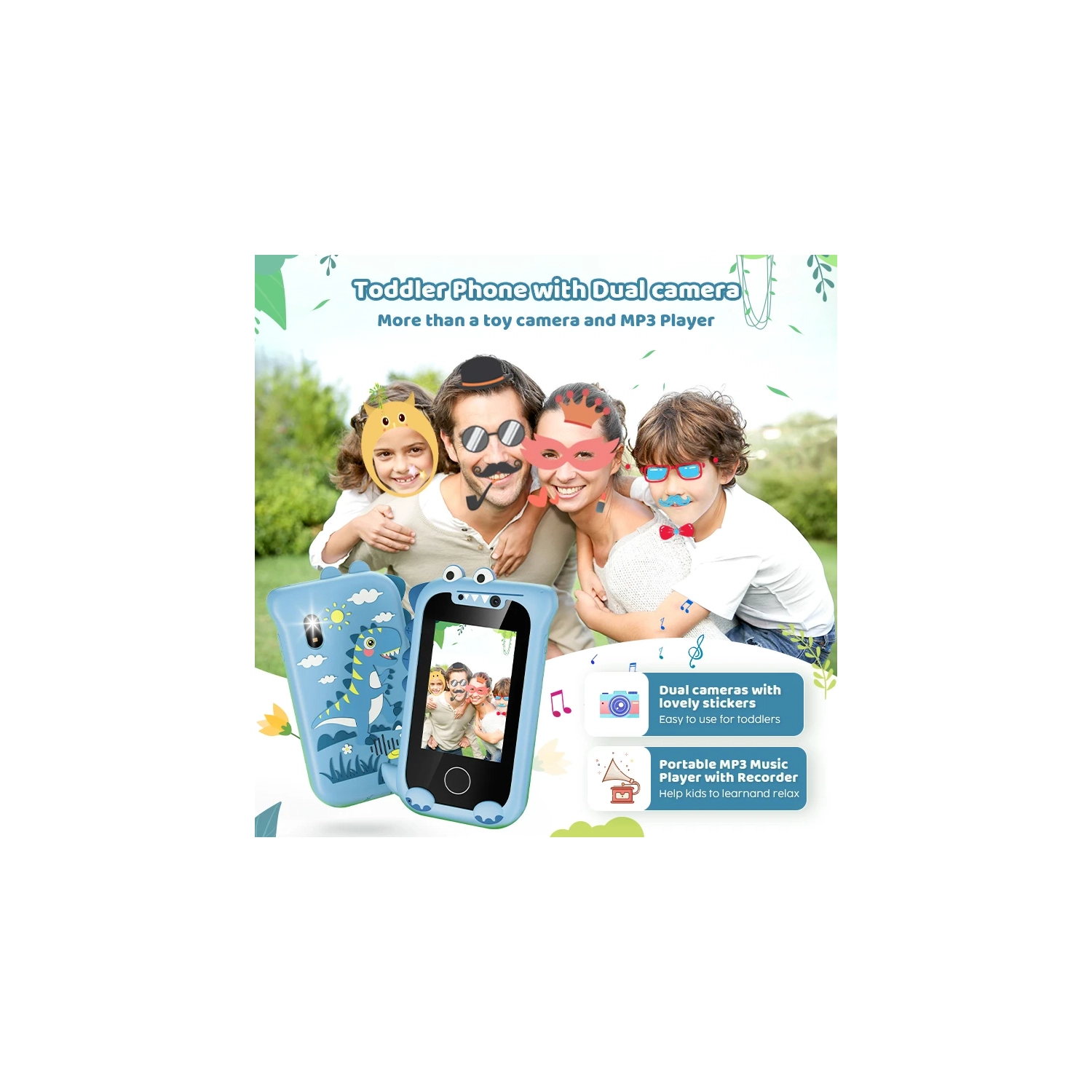 Nouveau modèle privé de téléphone portable pour enfants caméra HD enregistrement photo IPS touch dinosaure dessin animé jouet éducatif - bleu + étui