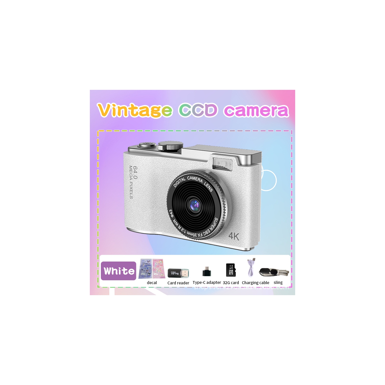 New CCD style retro 4K HD portable camera student digital camera gift new camera Selfie dual-lens camera photography portable-white + 32G memory card