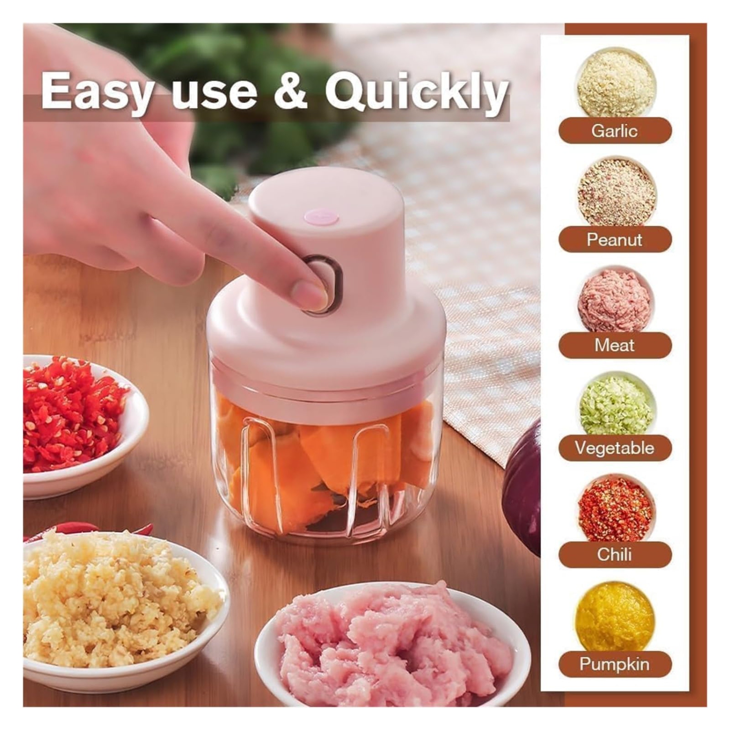 Cordless Mini Food Chopper, Electric Garlic Mincer and Small Processor for Peppers, Garlic, and Meat