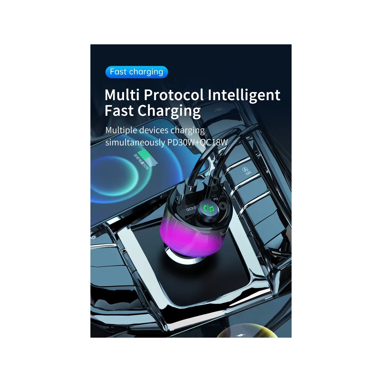 Auto MP3 FM Émetteur Bluetooth pour voiture Chargeur pour l'auto Bluetooth 30 W+Qinte 18 W Adaptateur émetteur FM BT à recharge rapide