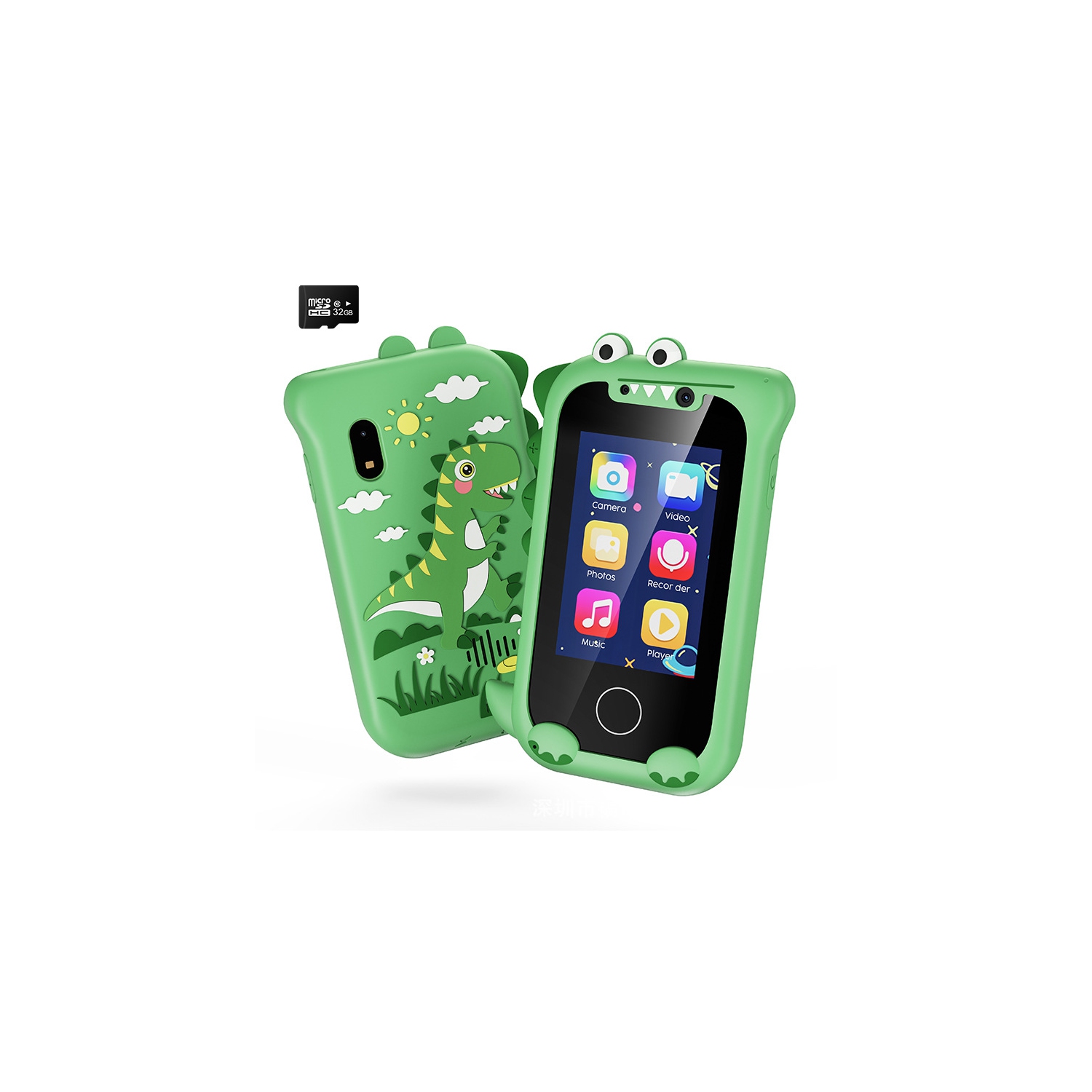 Nouveau modèle privé de téléphone portable pour enfants caméra HD enregistrement photo IPS touch dinosaure dessin animé jouet éducatif - vert + étui