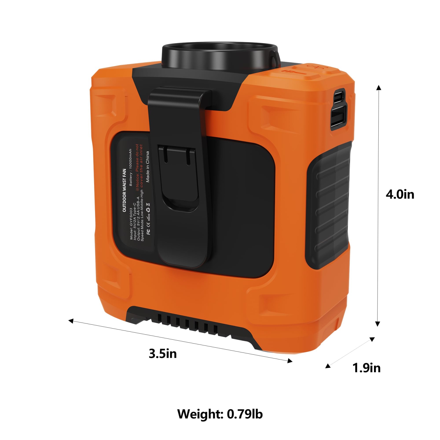 Ventilateur portatif à pince de ceinture avec batterie 10000 mAh, 3 vitesses, lampe LED SOS pour la construction, l'agriculture, le cyclisme