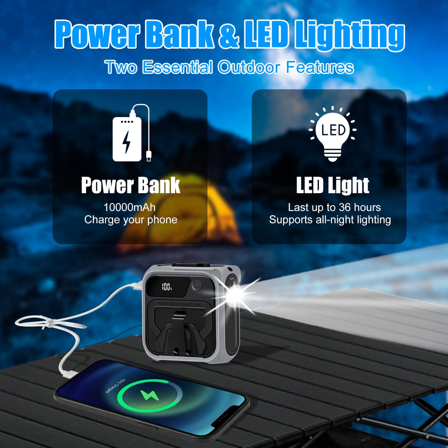 Pince de ventilateur portative à taille, ventilateur suspendu à ajustement serré avec affichage électrique et lampe de poche pour le travail et les