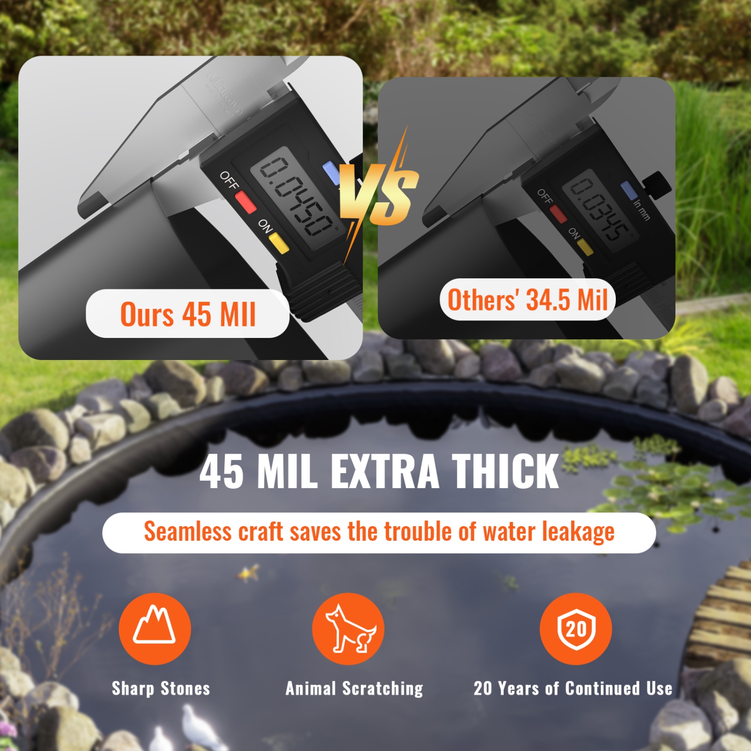 VEVOR 30 x 35 ft Pond Liner, 45 Mil Thickness, Pliable EPDM Material Pond Skins, Easy Cutting Underlayment for Fish or Koi Ponds, Water Features,