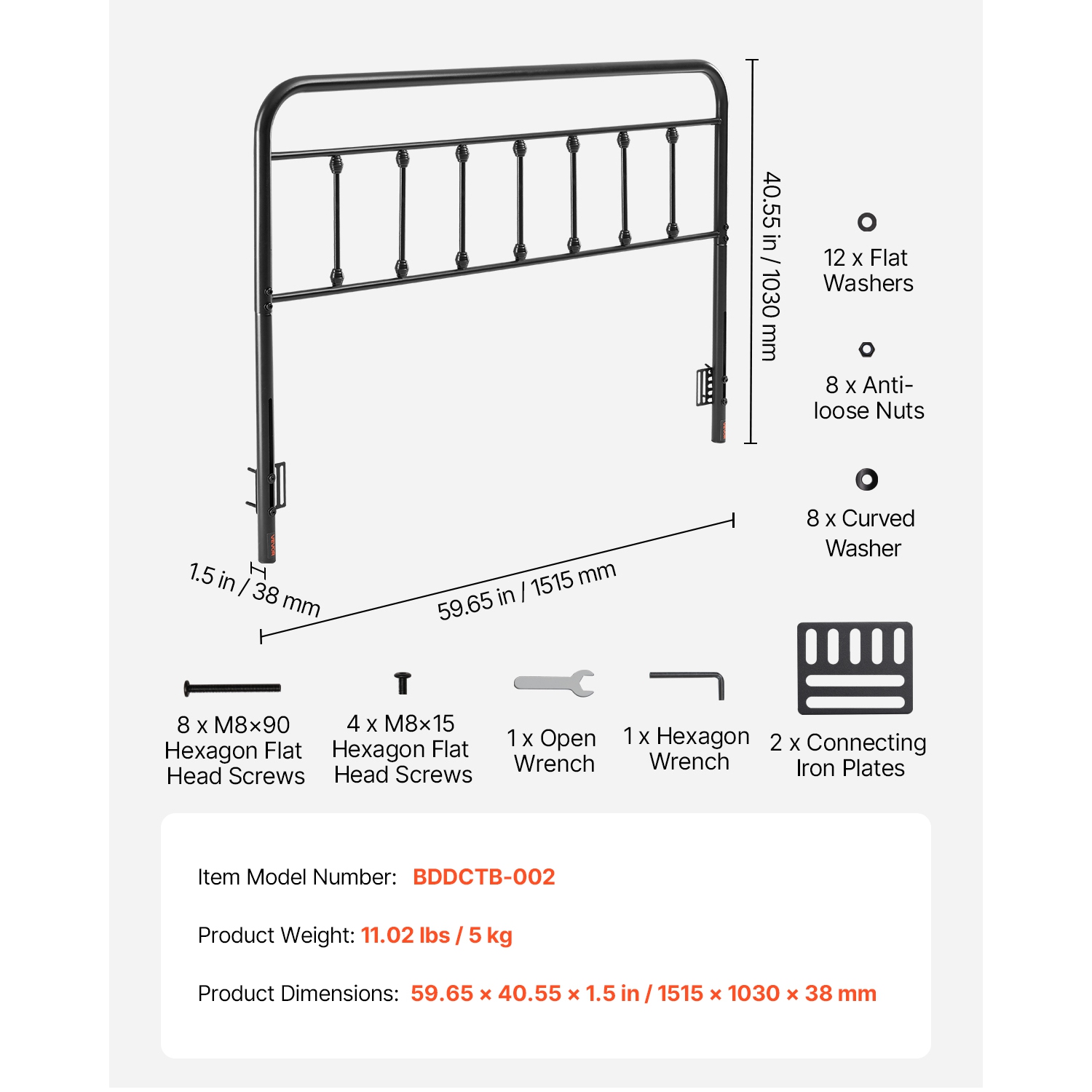 VEVOR W59.65 x H40.55 x D1.5 inches Metal Headboard, Queen Size Headboard with Adjustable Height, Metal Headboard for Queen Size Bed, Ideal for