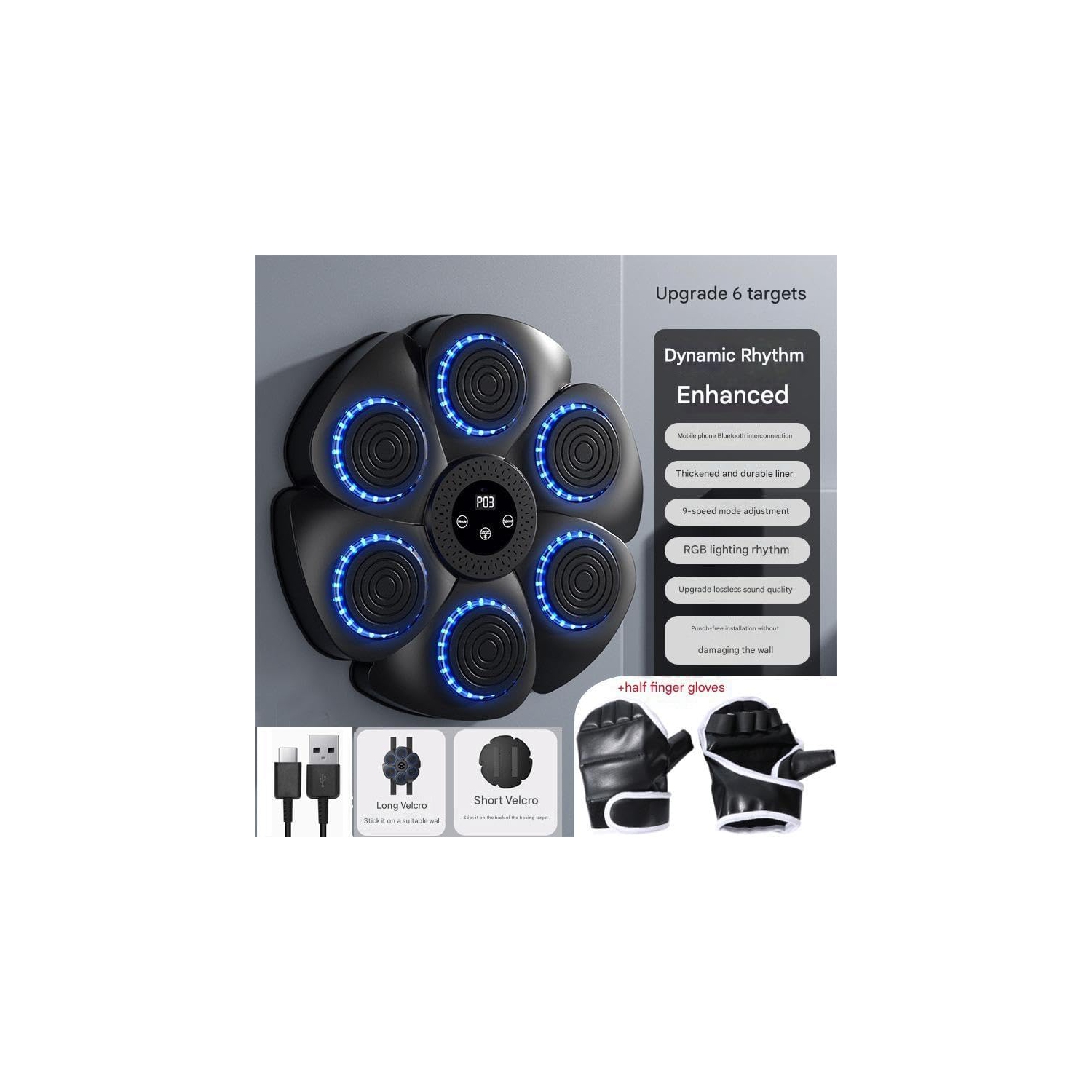 Entraîneur de boxe suspendu pour le mur de boxe de la maison cible de boxe – cible de boxe noire + demi-gants de boxe avec doigts