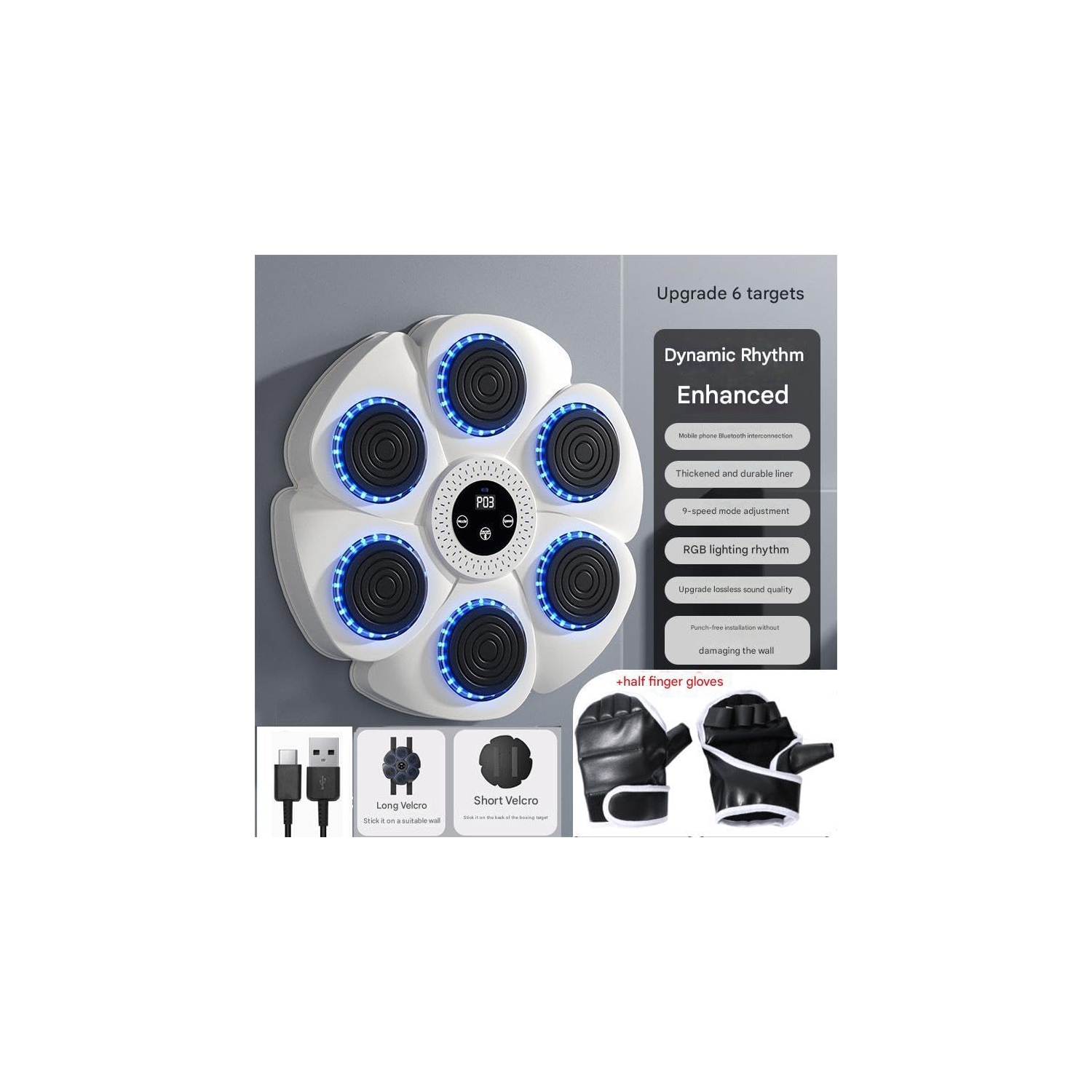 Support de boxe à suspendre pour le mur de boxe Accueil But de boxe – Cible de boxe blanche + Gants de boxe à demi-doigts