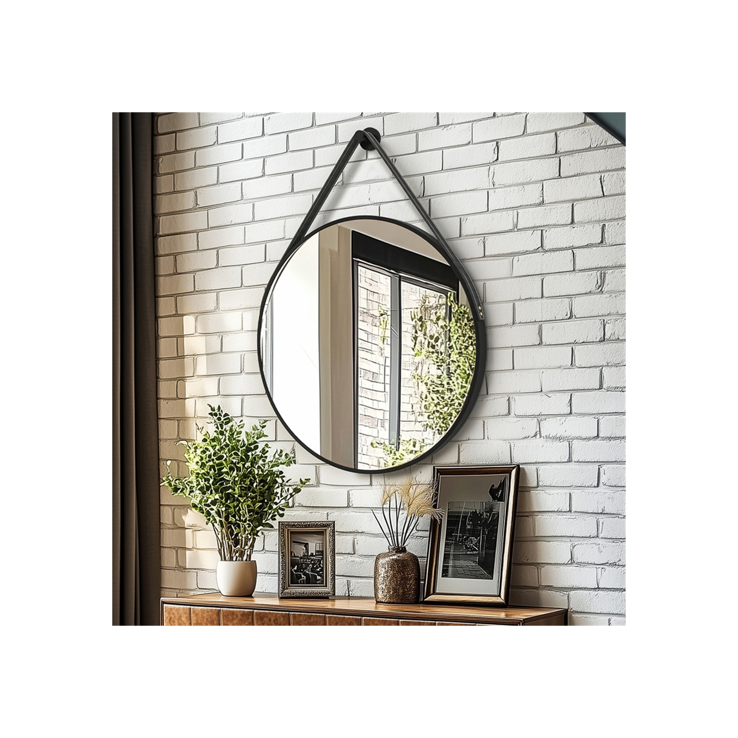Artloge 24 Inch Round Wall Mirror wiith Black Aluminium Frame and Leather Strap for Bathroom Living Room Bedroom