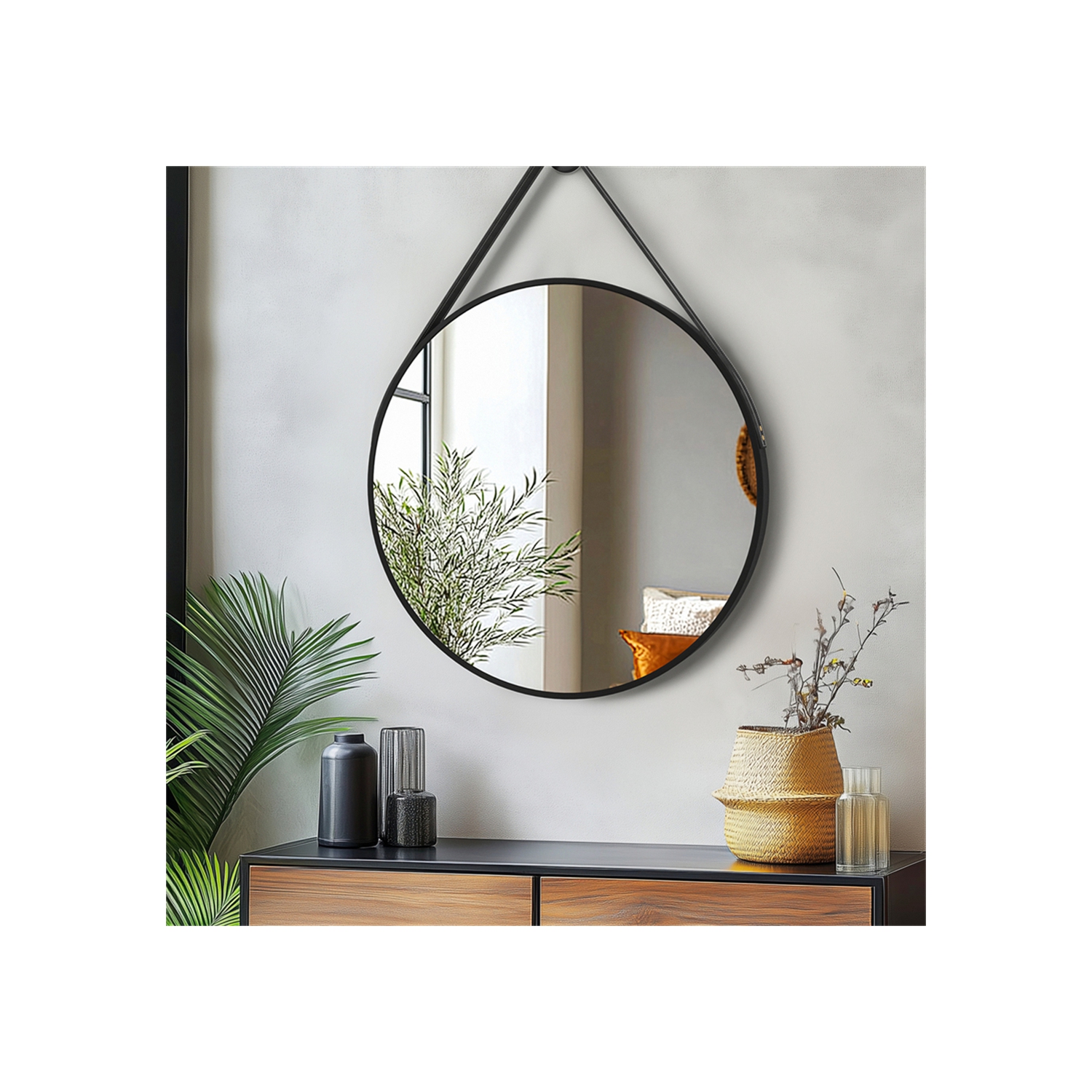 Artloge 24 Inch Round Wall Mirror wiith Black Aluminium Frame and Leather Strap for Bathroom Living Room Bedroom