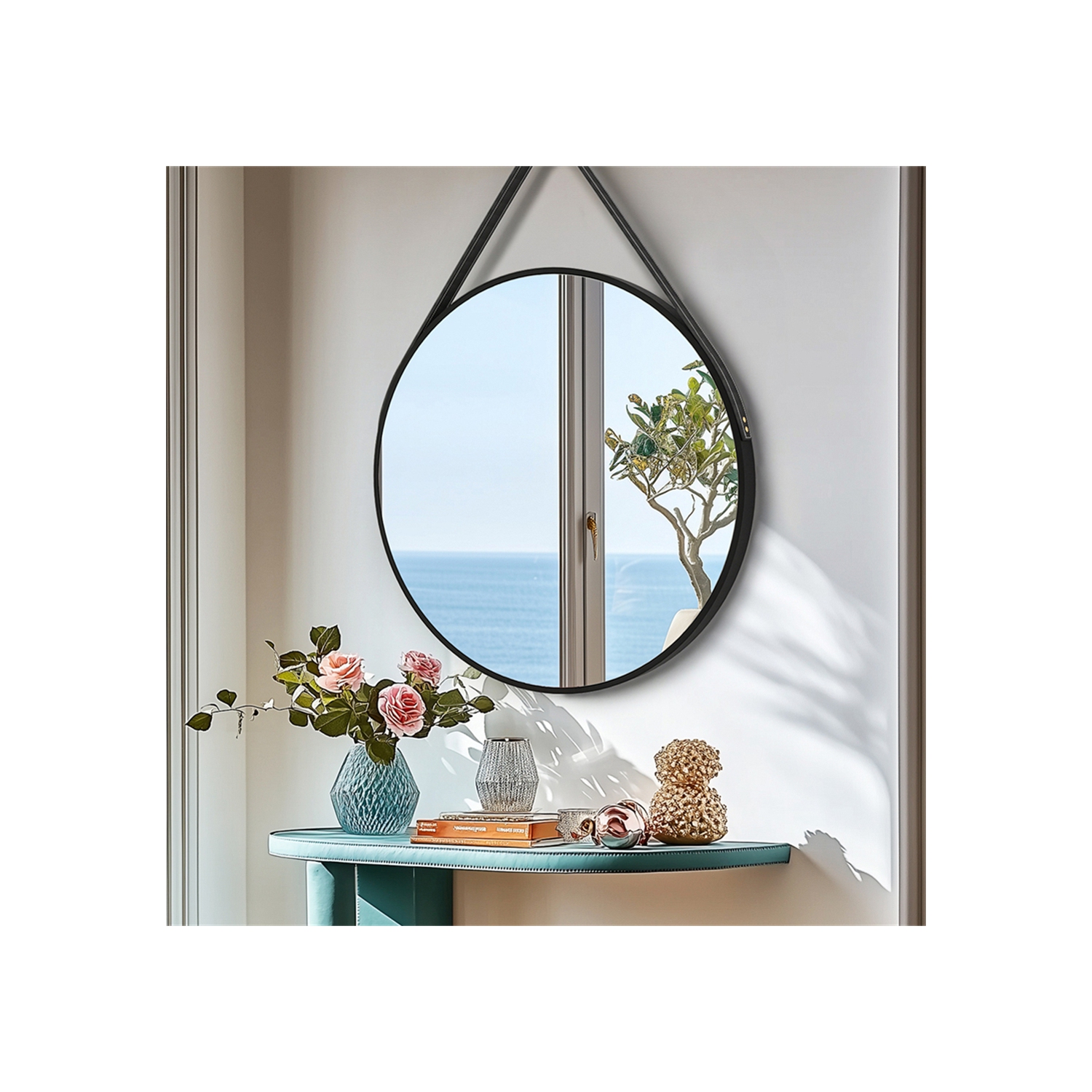 Artloge 24 Inch Round Wall Mirror wiith Black Aluminium Frame and Leather Strap for Bathroom Living Room Bedroom