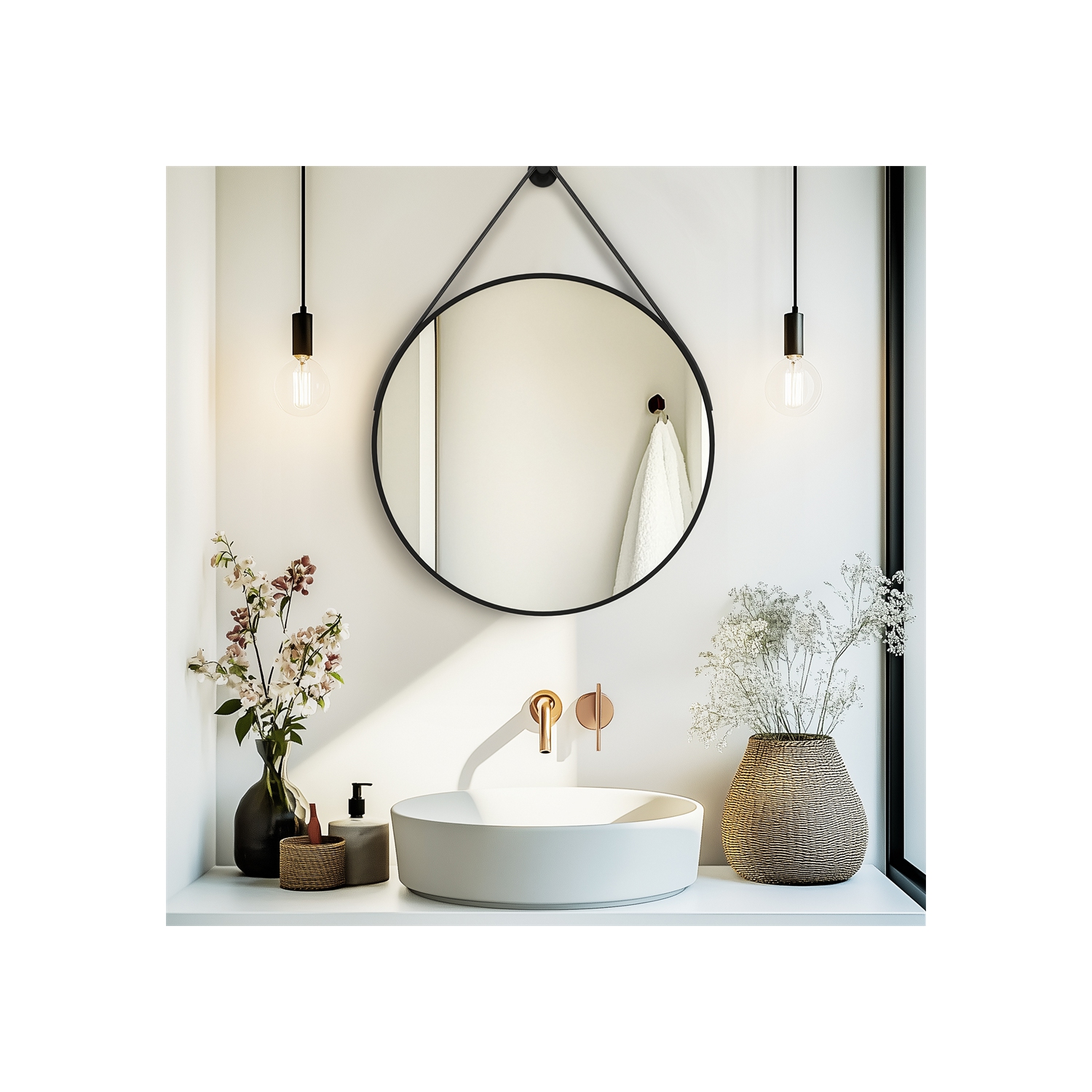 Artloge 24 Inch Round Wall Mirror wiith Black Aluminium Frame and Leather Strap for Bathroom Living Room Bedroom
