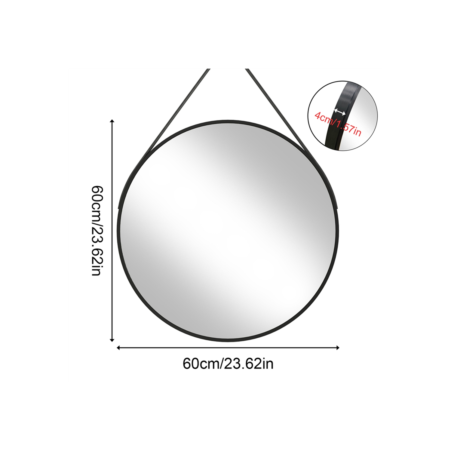 Artloge 24 Inch Round Wall Mirror wiith Black Aluminium Frame and Leather Strap for Bathroom Living Room Bedroom