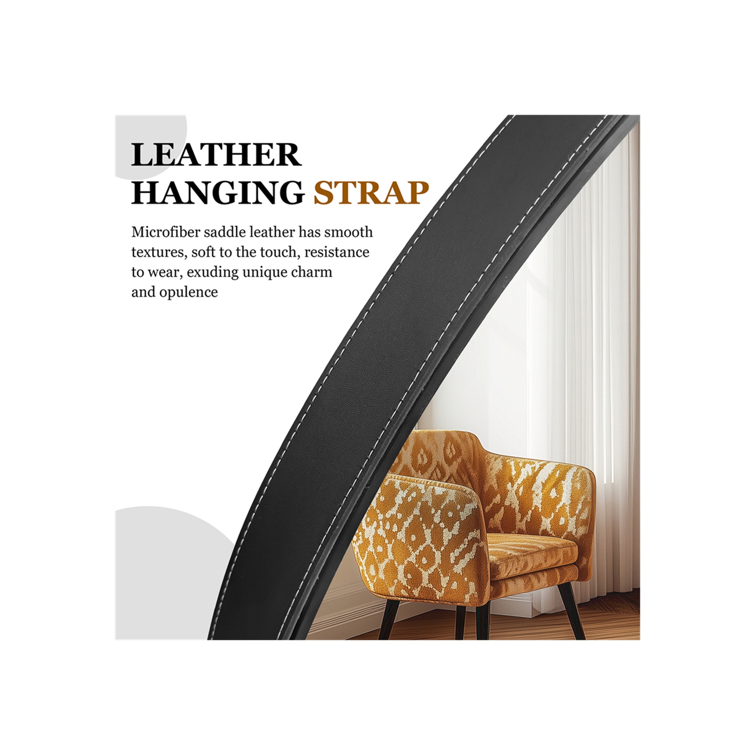 Artloge 24 Inch Round Wall Mirror wiith Black Aluminium Frame and Leather Strap for Bathroom Living Room Bedroom