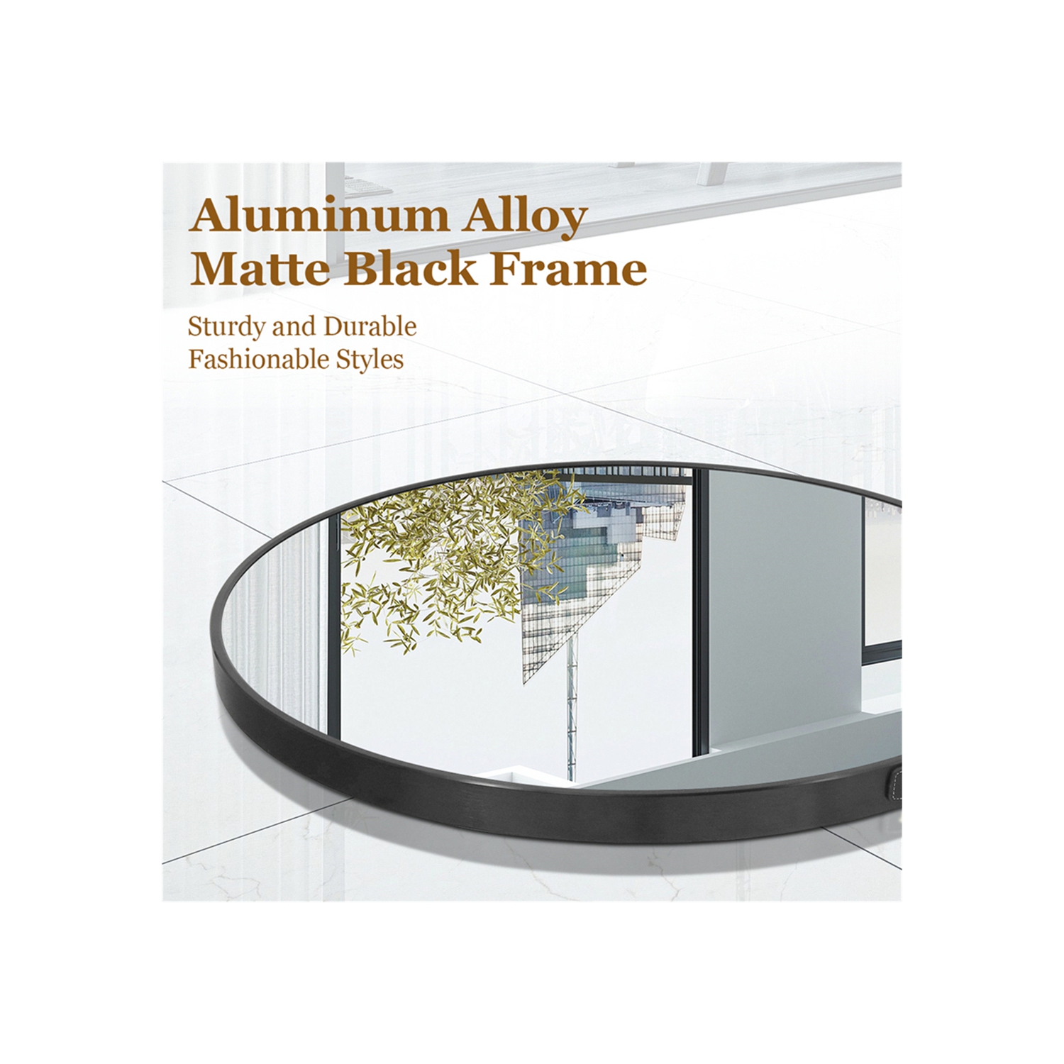 Artloge 24 Inch Round Wall Mirror wiith Black Aluminium Frame and Leather Strap for Bathroom Living Room Bedroom