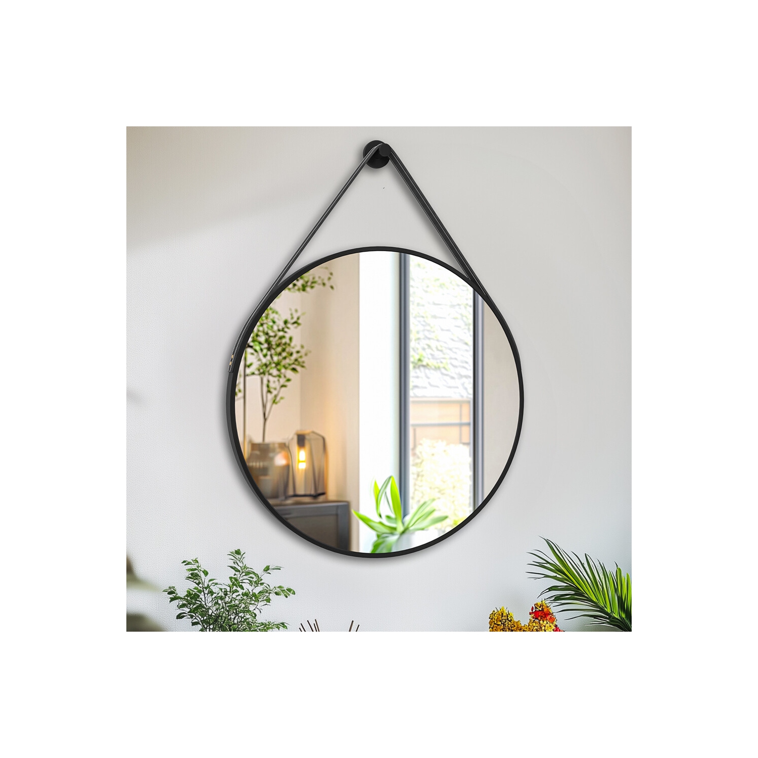 Artloge 24 Inch Round Wall Mirror wiith Black Aluminium Frame and Leather Strap for Bathroom Living Room Bedroom