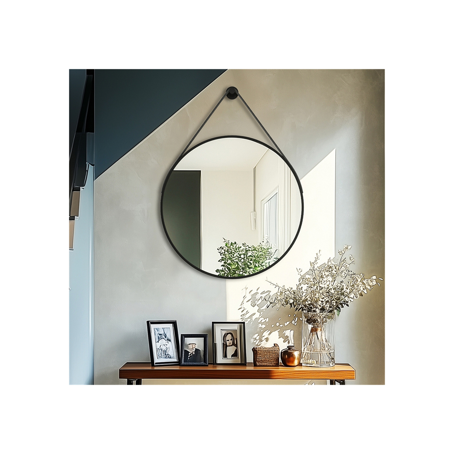 Artloge 24 Inch Round Wall Mirror wiith Black Aluminium Frame and Leather Strap for Bathroom Living Room Bedroom
