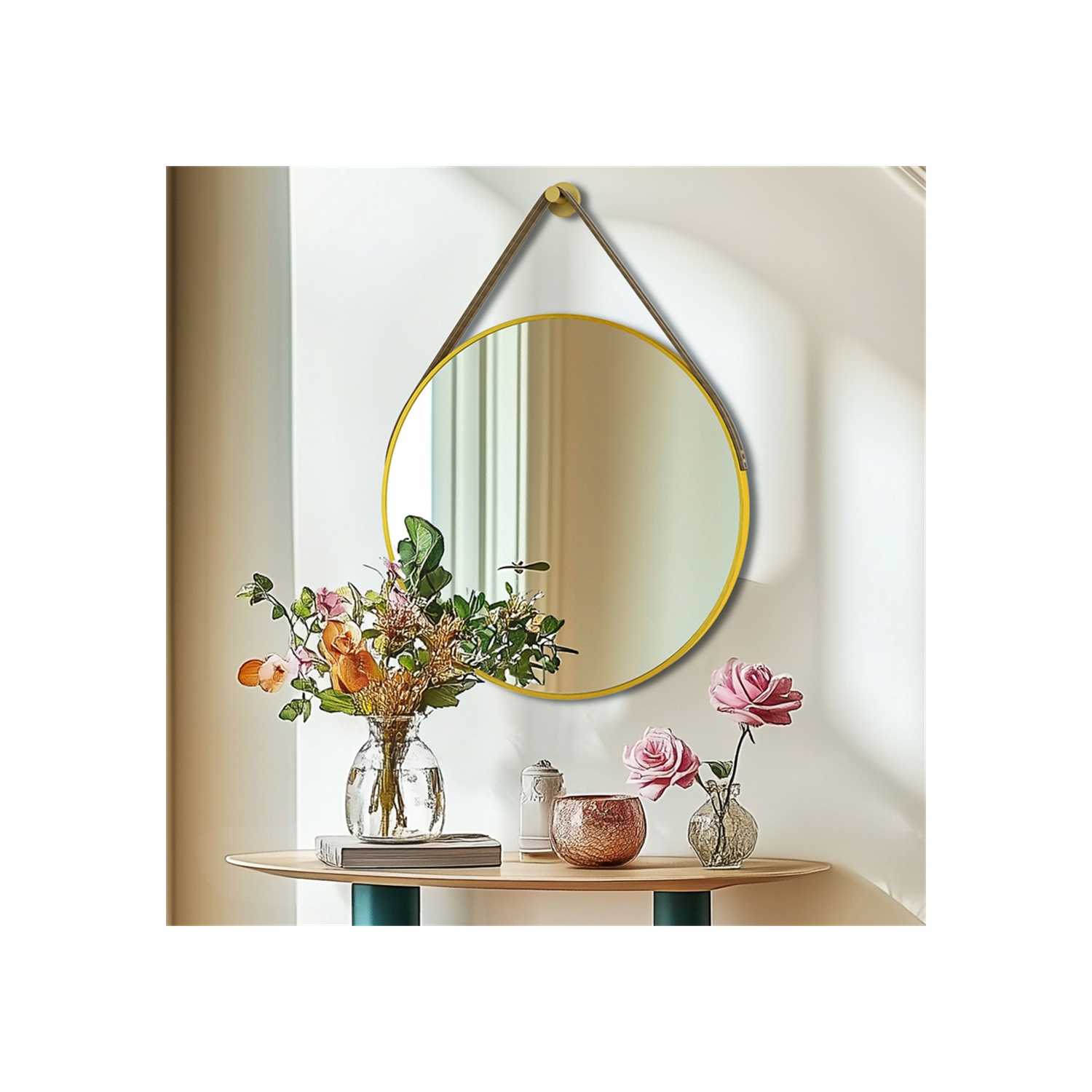 Artloge 24 Inch Round Wall Mirror wiith Black Aluminium Frame and Leather Strap for Bathroom Living Room Bedroom