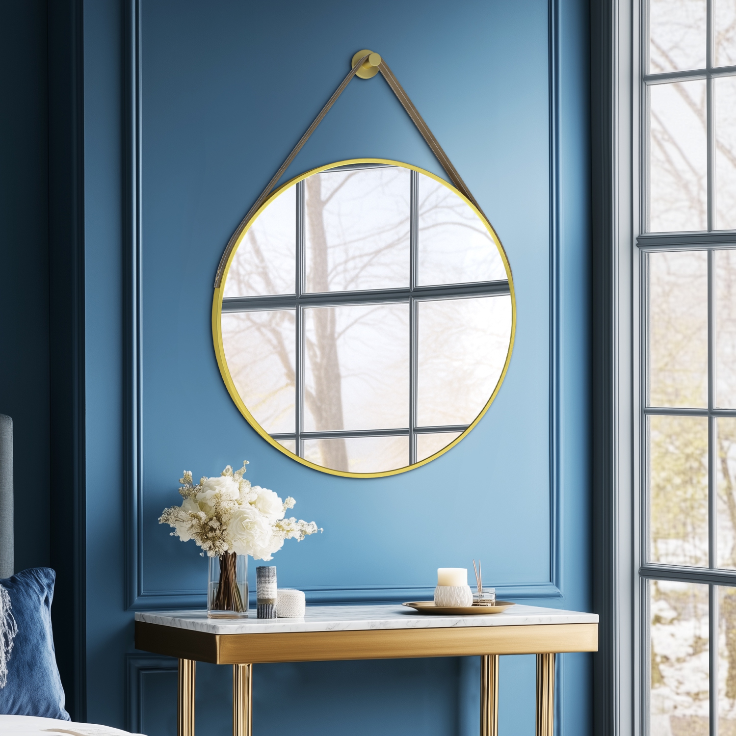 Artloge 24 Inch Round Wall Mirror wiith Black Aluminium Frame and Leather Strap for Bathroom Living Room Bedroom