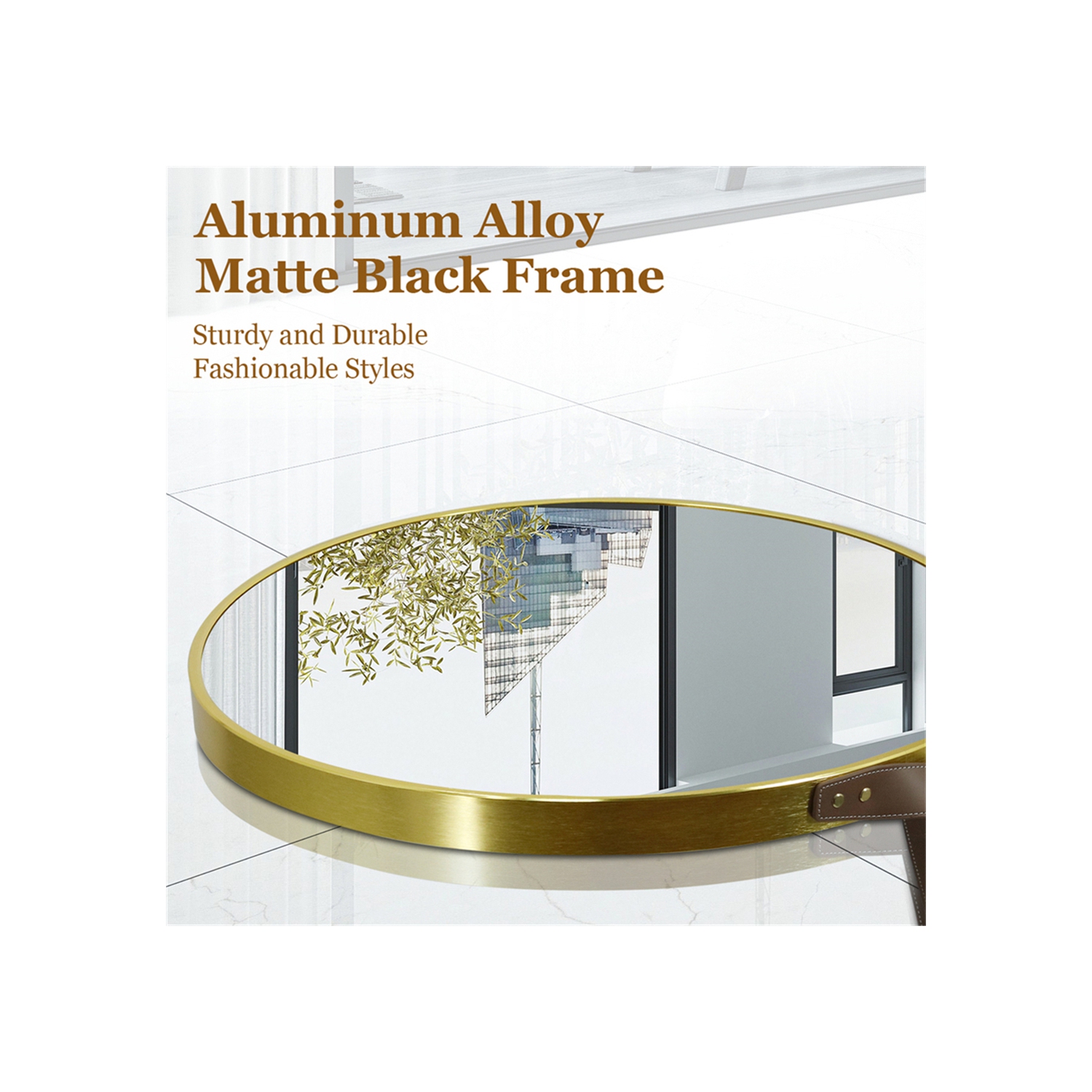 Artloge 24 Inch Round Wall Mirror wiith Black Aluminium Frame and Leather Strap for Bathroom Living Room Bedroom