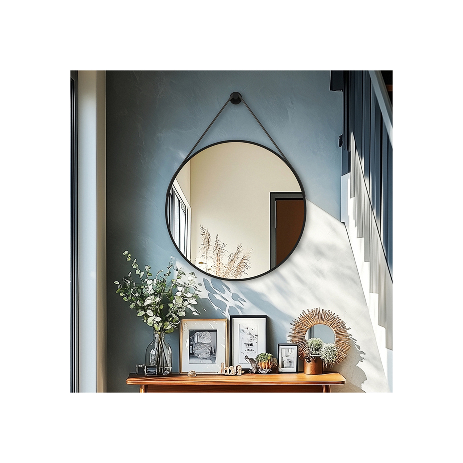 Artloge 24 Inch Round Wall Mirror wiith Black Aluminium Frame and Leather Strap for Bathroom Living Room Bedroom