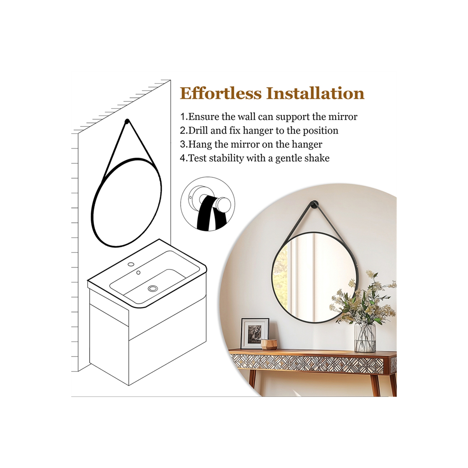 Artloge 24 Inch Round Wall Mirror wiith Black Aluminium Frame and Leather Strap for Bathroom Living Room Bedroom