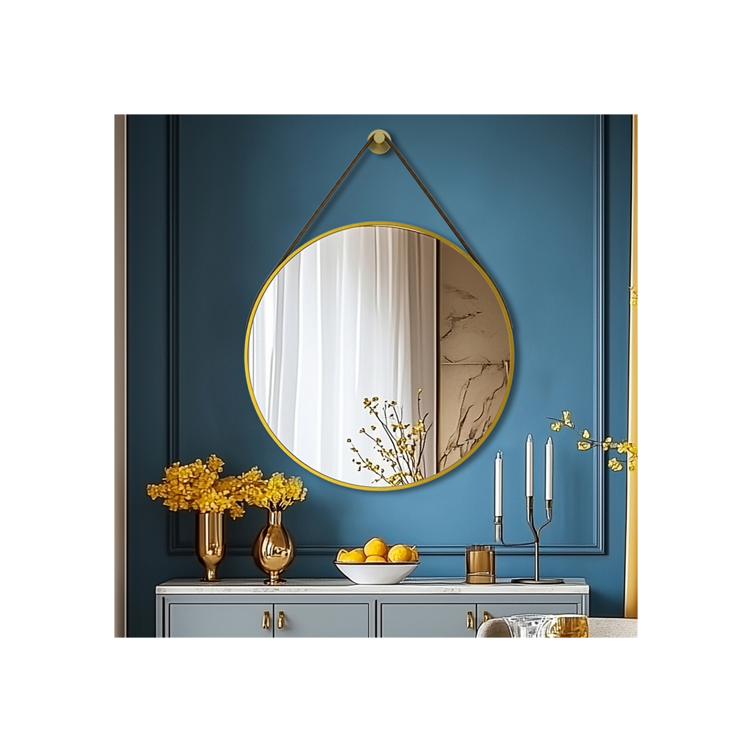 Artloge 28 Inch Round Wall Mirror wiith Gold Aluminium Frame and Leather Strap for Bathroom Living Room Bedroom