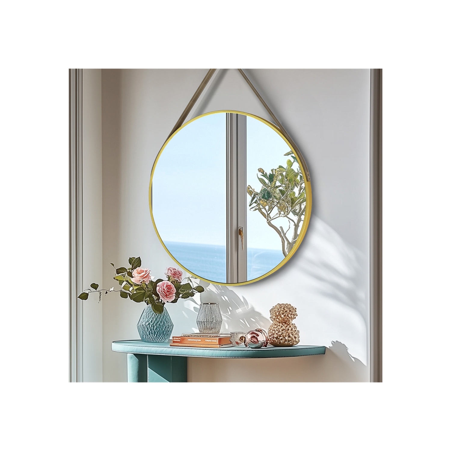 Artloge 28 Inch Round Wall Mirror wiith Gold Aluminium Frame and Leather Strap for Bathroom Living Room Bedroom