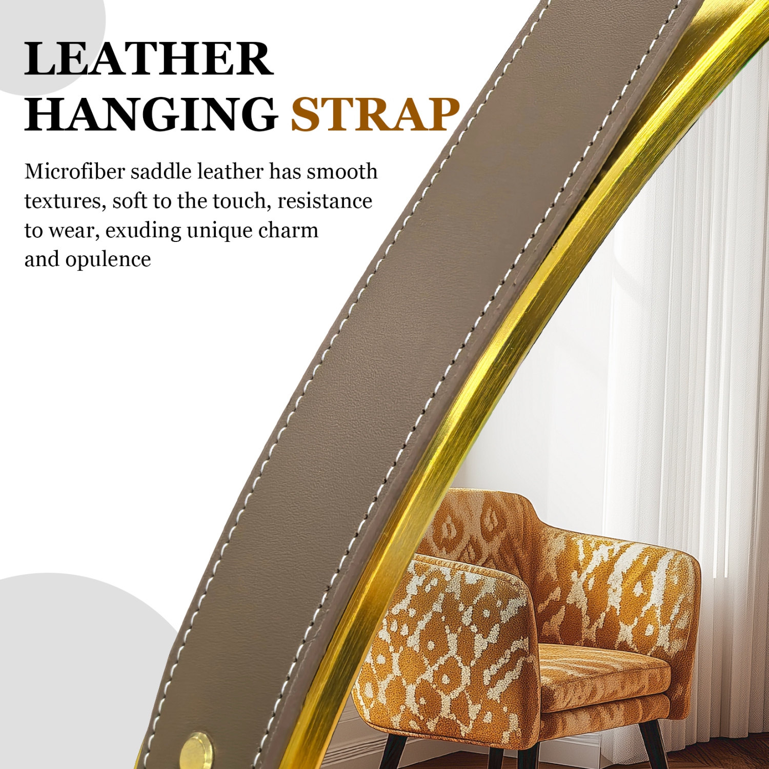 Artloge 28 Inch Round Wall Mirror wiith Gold Aluminium Frame and Leather Strap for Bathroom Living Room Bedroom