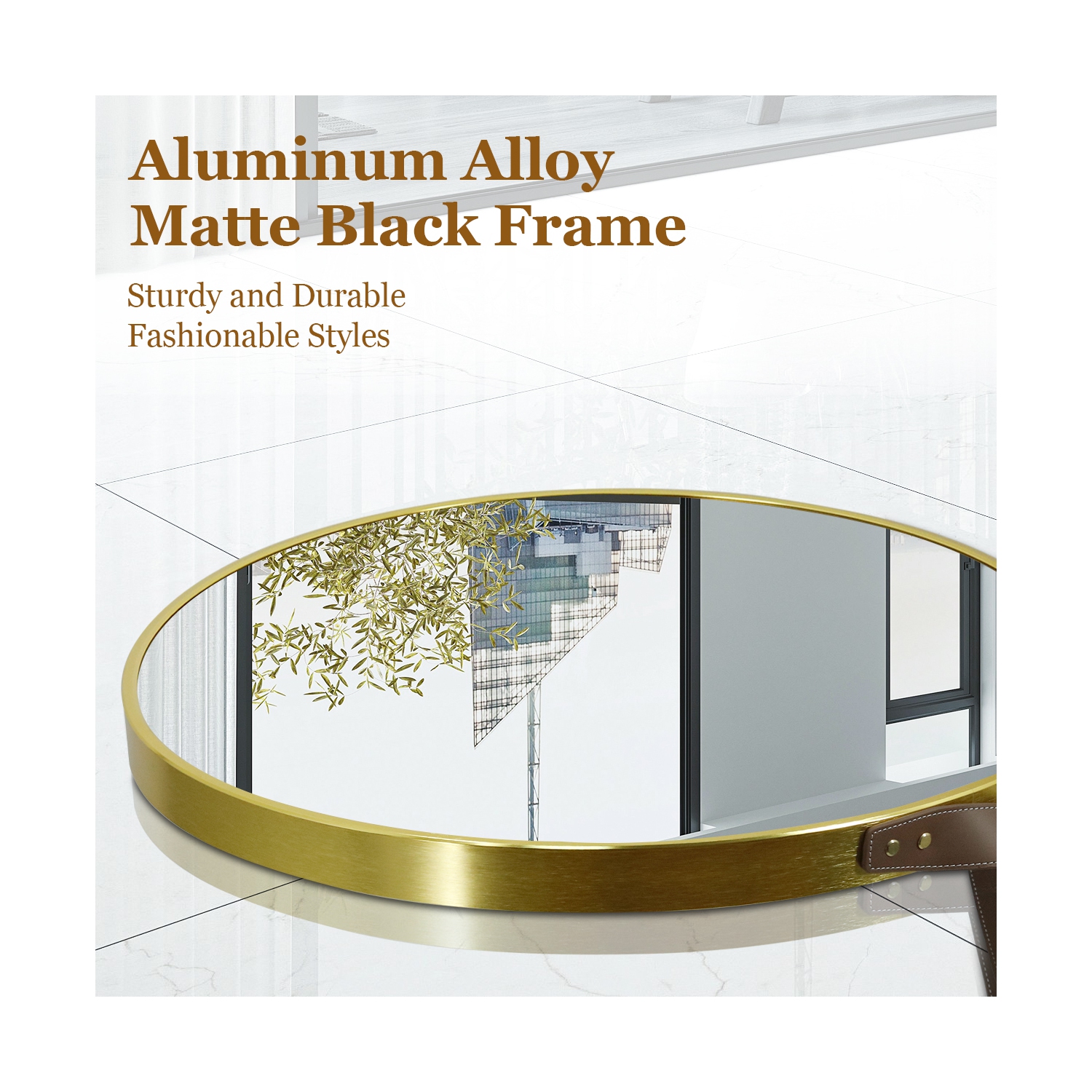 Artloge 28 Inch Round Wall Mirror wiith Gold Aluminium Frame and Leather Strap for Bathroom Living Room Bedroom