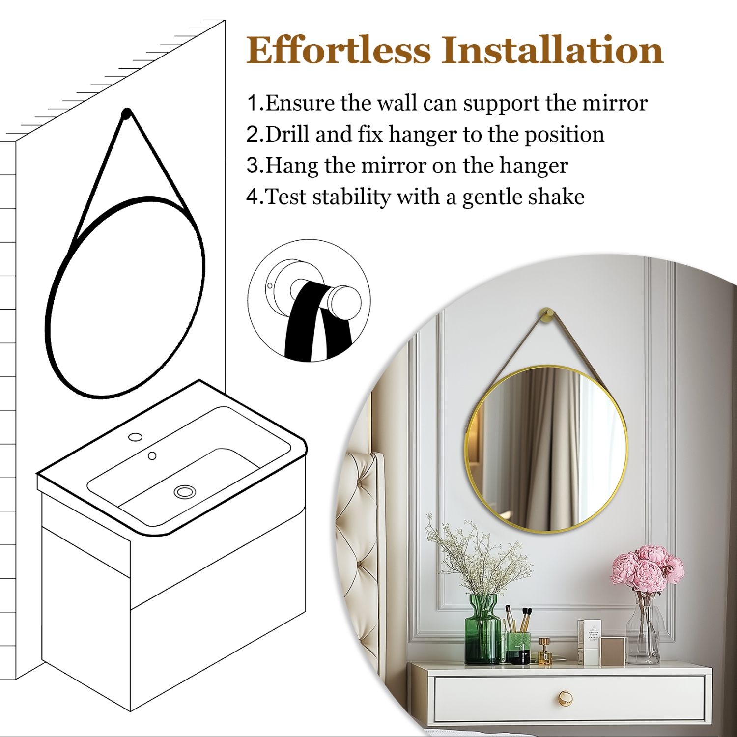 Artloge 28 Inch Round Wall Mirror wiith Gold Aluminium Frame and Leather Strap for Bathroom Living Room Bedroom