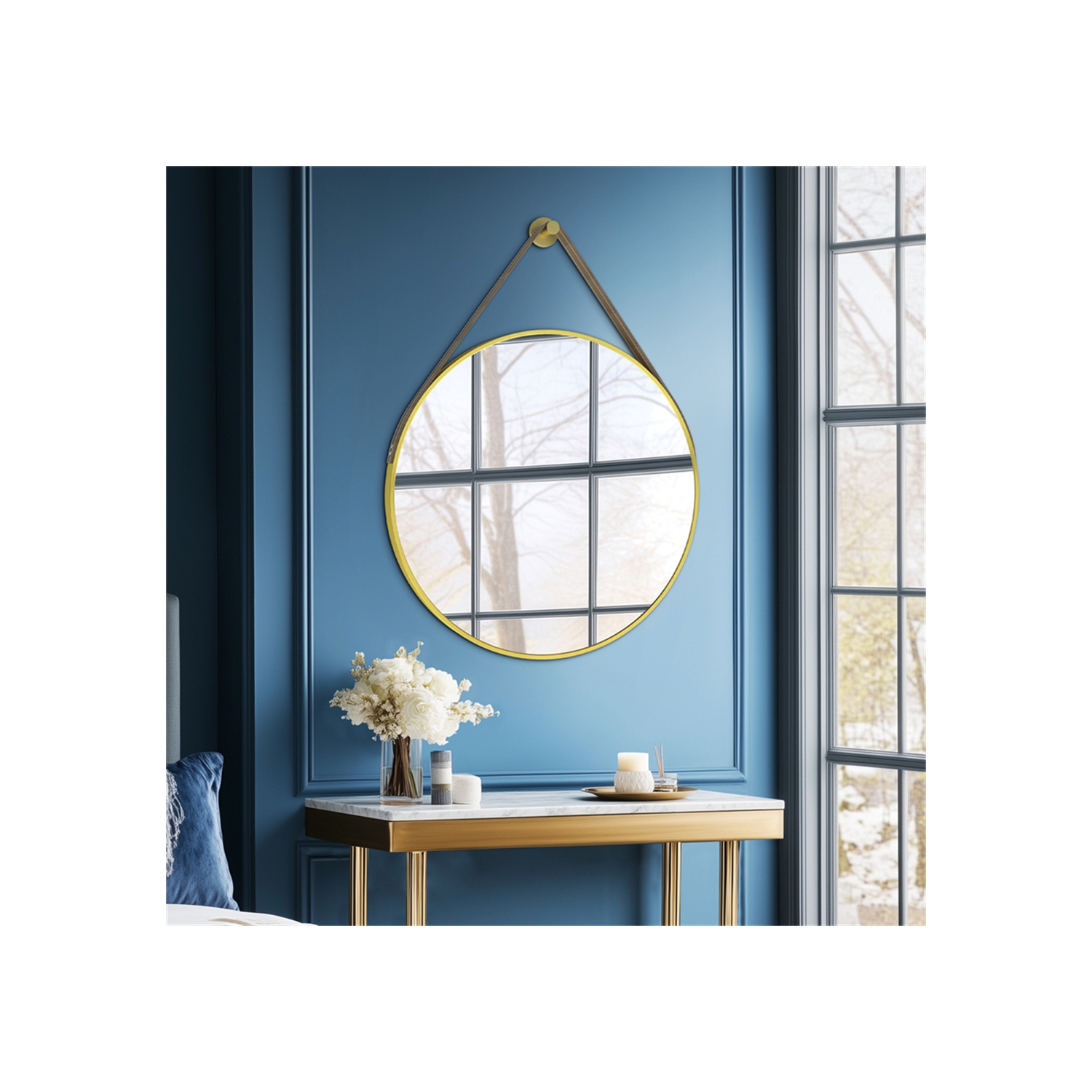 Artloge 32 Inch Round Wall Mirror wiith Gold Aluminium Frame and Leather Strap for Bathroom Living Room Bedroom