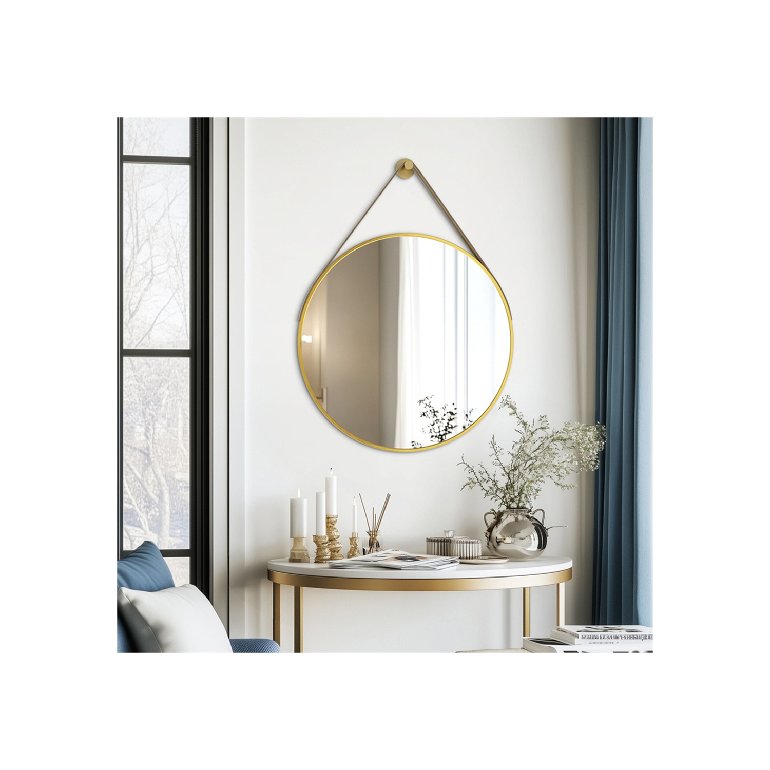 Artloge 32 Inch Round Wall Mirror wiith Gold Aluminium Frame and Leather Strap for Bathroom Living Room Bedroom