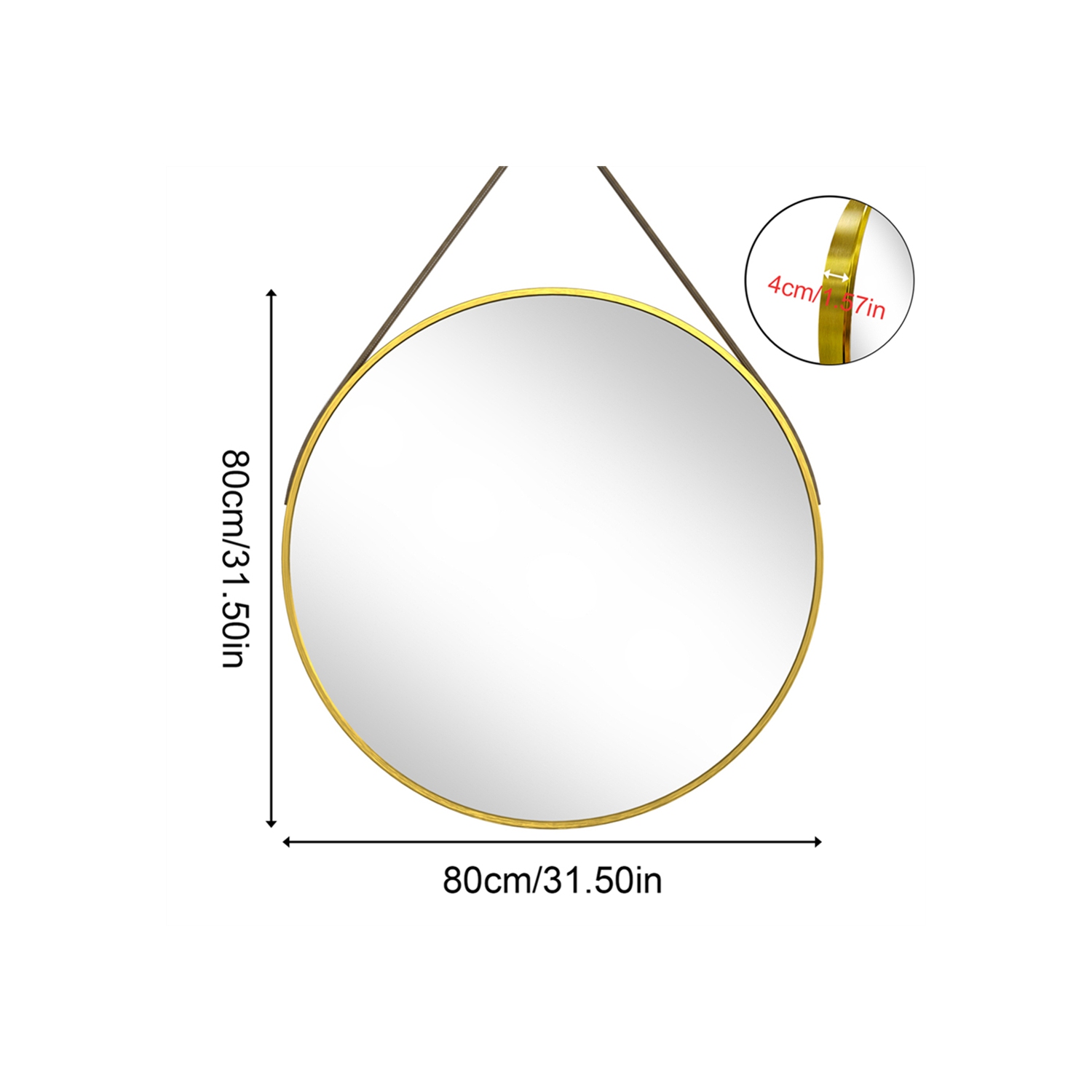 Artloge 32 Inch Round Wall Mirror wiith Gold Aluminium Frame and Leather Strap for Bathroom Living Room Bedroom