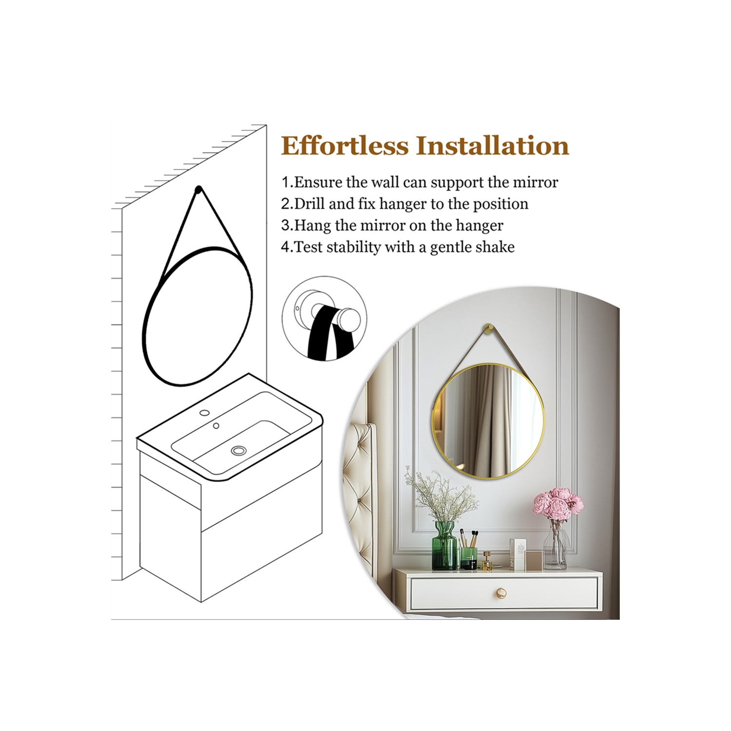 Artloge 32 Inch Round Wall Mirror wiith Gold Aluminium Frame and Leather Strap for Bathroom Living Room Bedroom