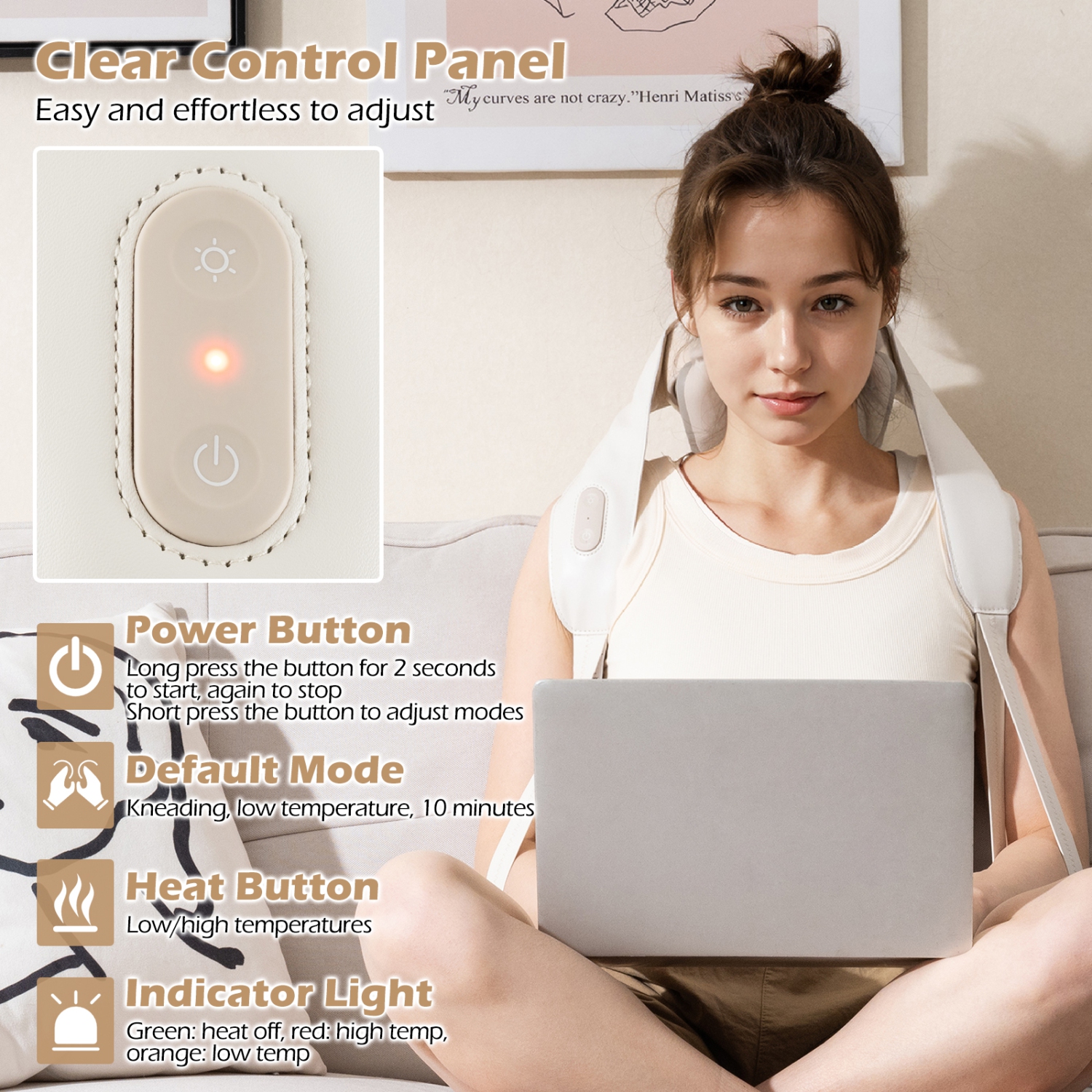 Gymax Neck Shoulder Massager w/ 2 Heat Levels for Pain Relief Neck Massager Pillow