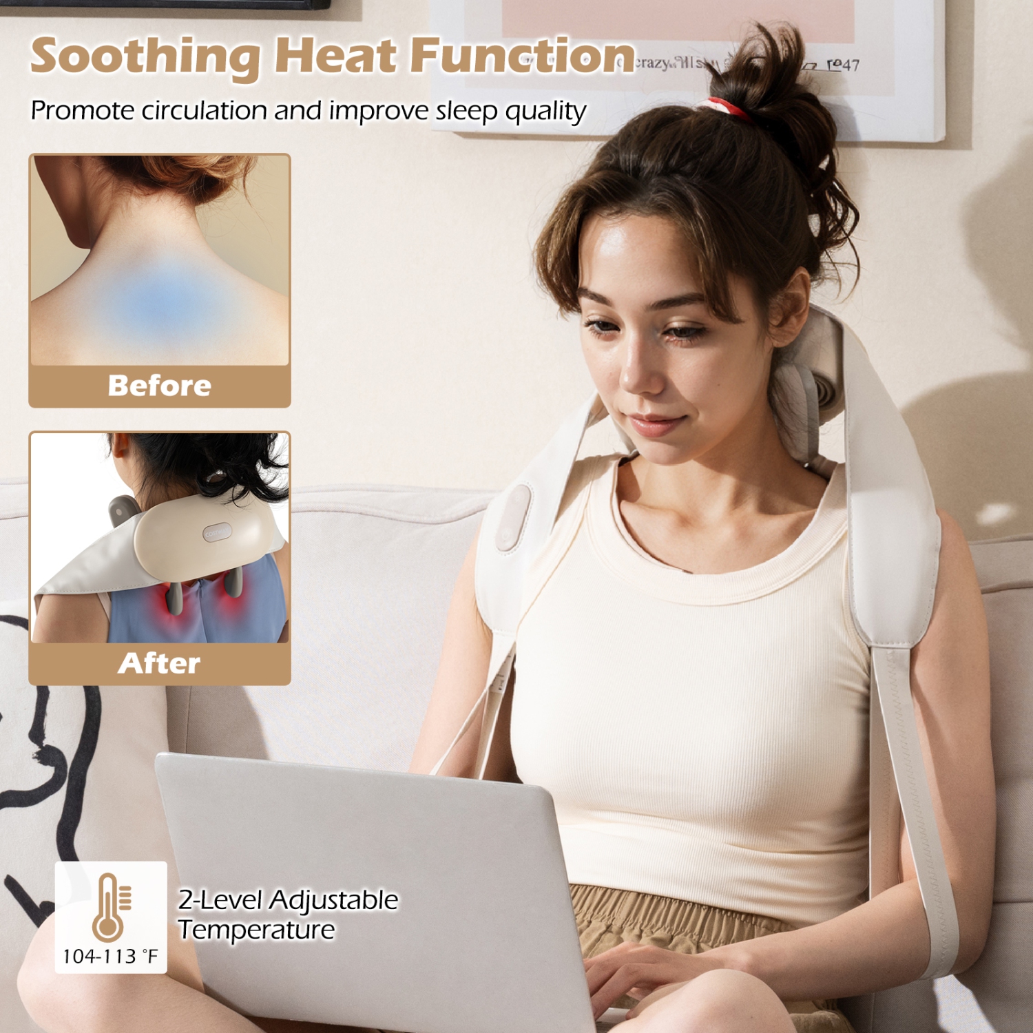 Gymax Neck Shoulder Massager w/ 2 Heat Levels for Pain Relief Neck Massager Pillow