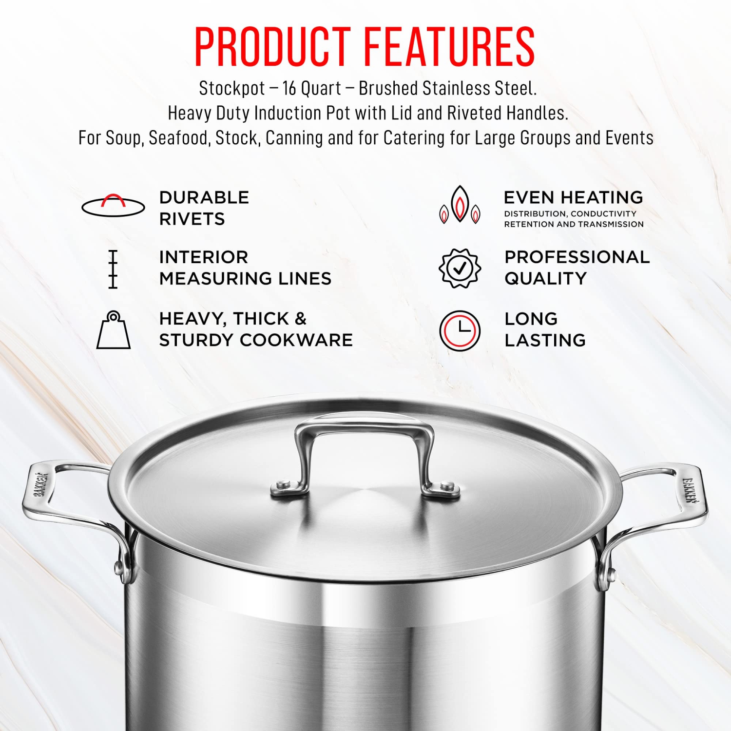 Stockpot – 16 Quart – Brushed Stainless Steel – Heavy Duty Induction Pot with Lid and Riveted Handles – For Soup, Seafood, Stock, Canning and for