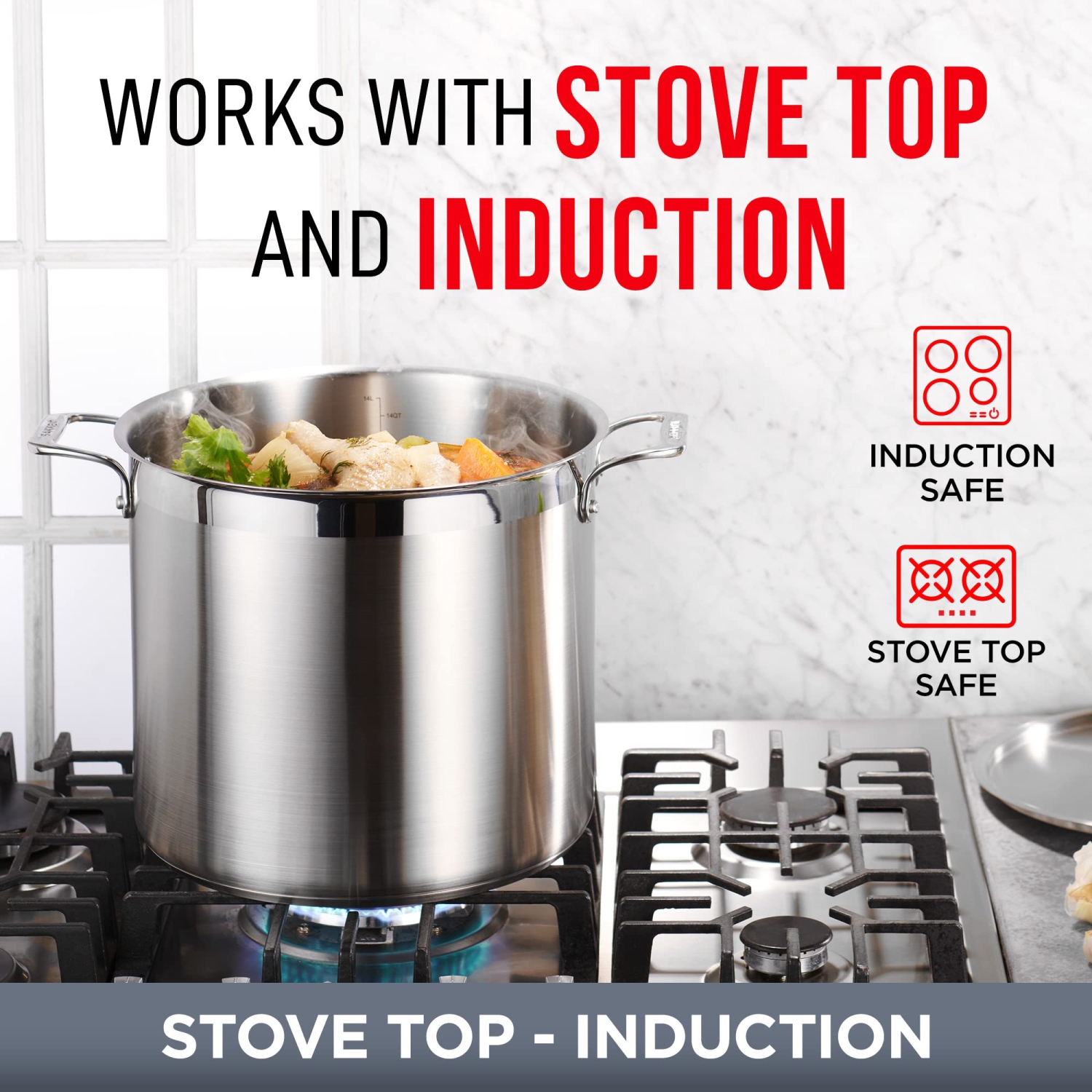 Stockpot – 16 Quart – Brushed Stainless Steel – Heavy Duty Induction Pot with Lid and Riveted Handles – For Soup, Seafood, Stock, Canning and for