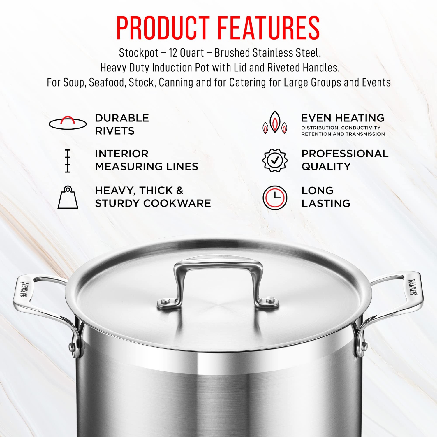 Stockpot – 12 Quart – Brushed Stainless Steel – Heavy Duty Induction Pot with Lid and Riveted Handles – For Soup, Seafood, Stock, Canning and for
